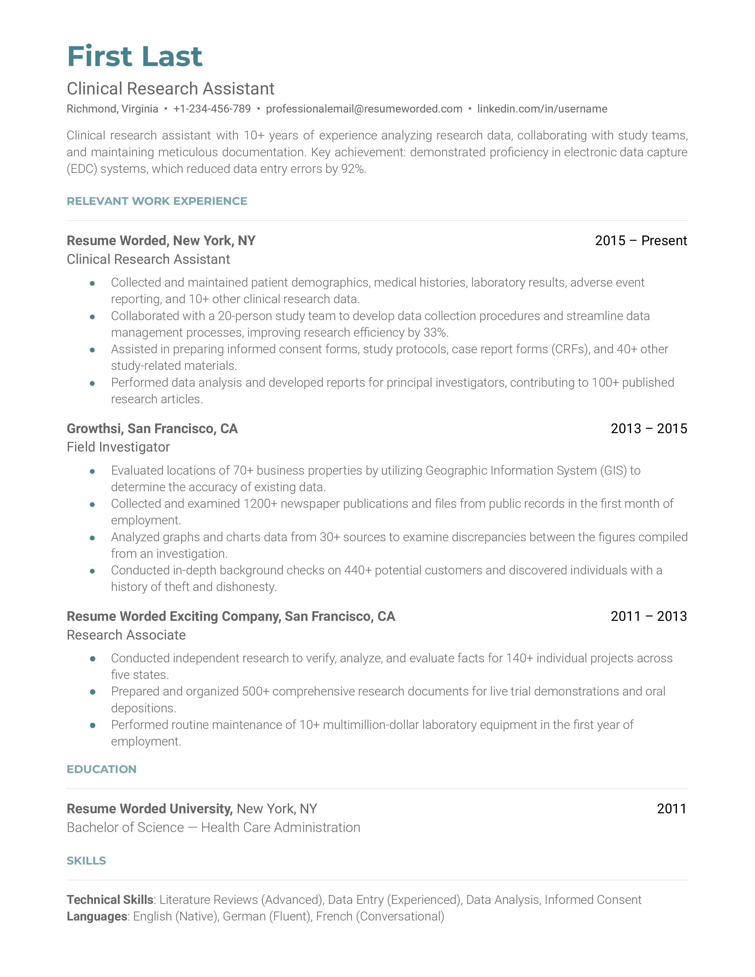 Clinical Research Assistant Resume Sample