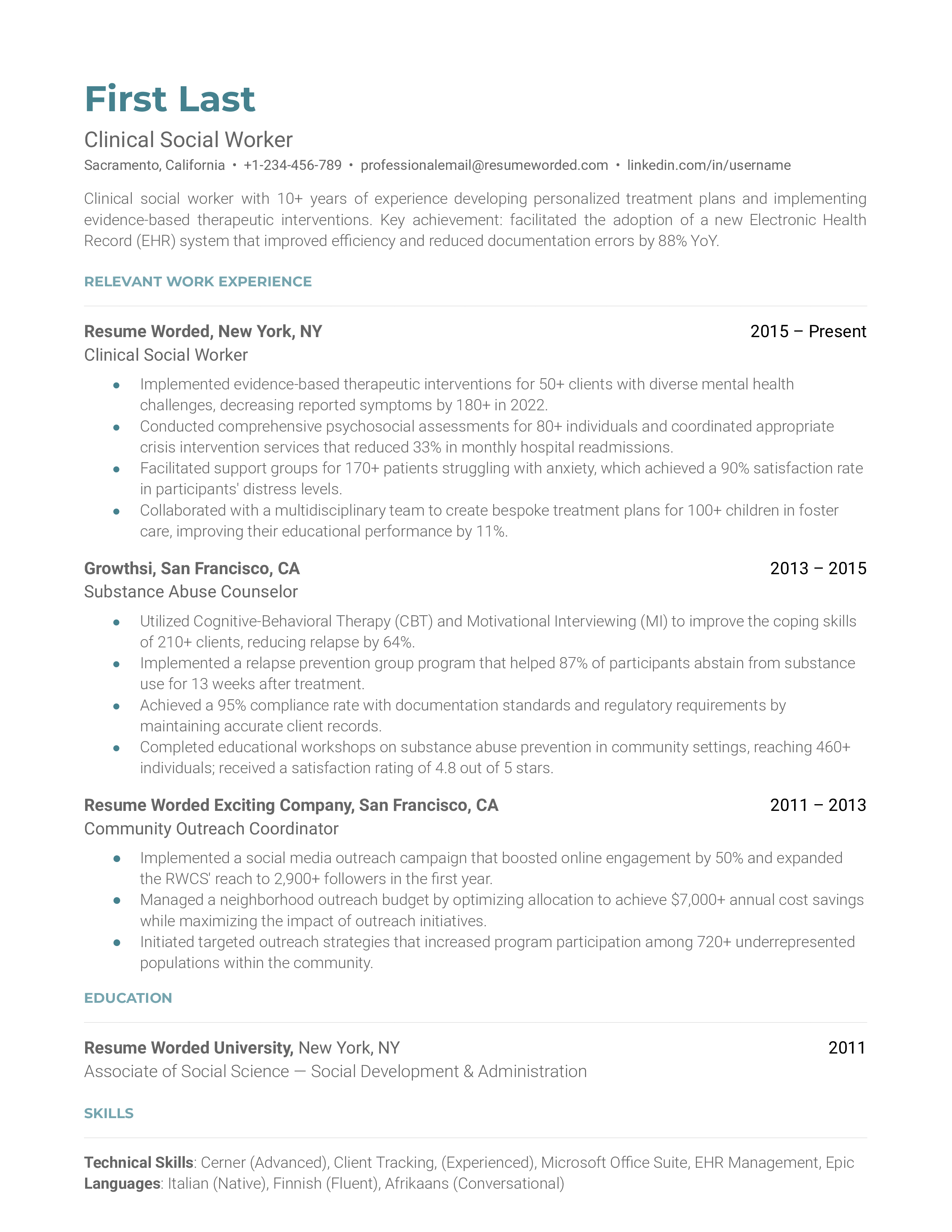 Clinical Social Worker Resume Sample