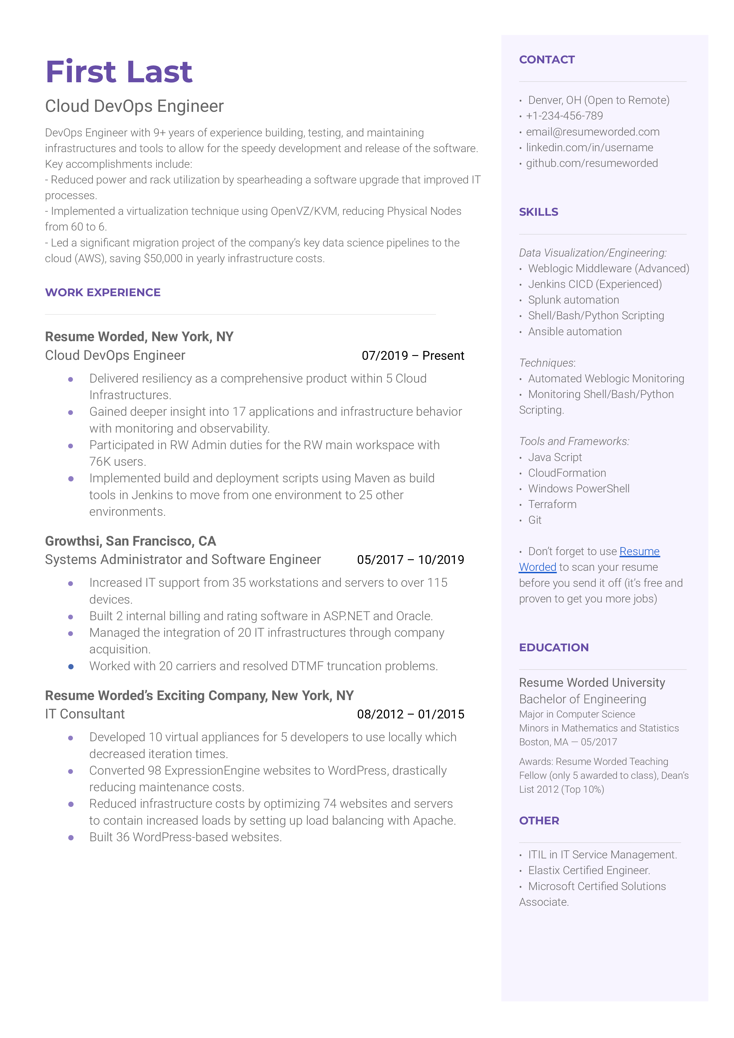 Cloud DevOps Engineer Resume Sample