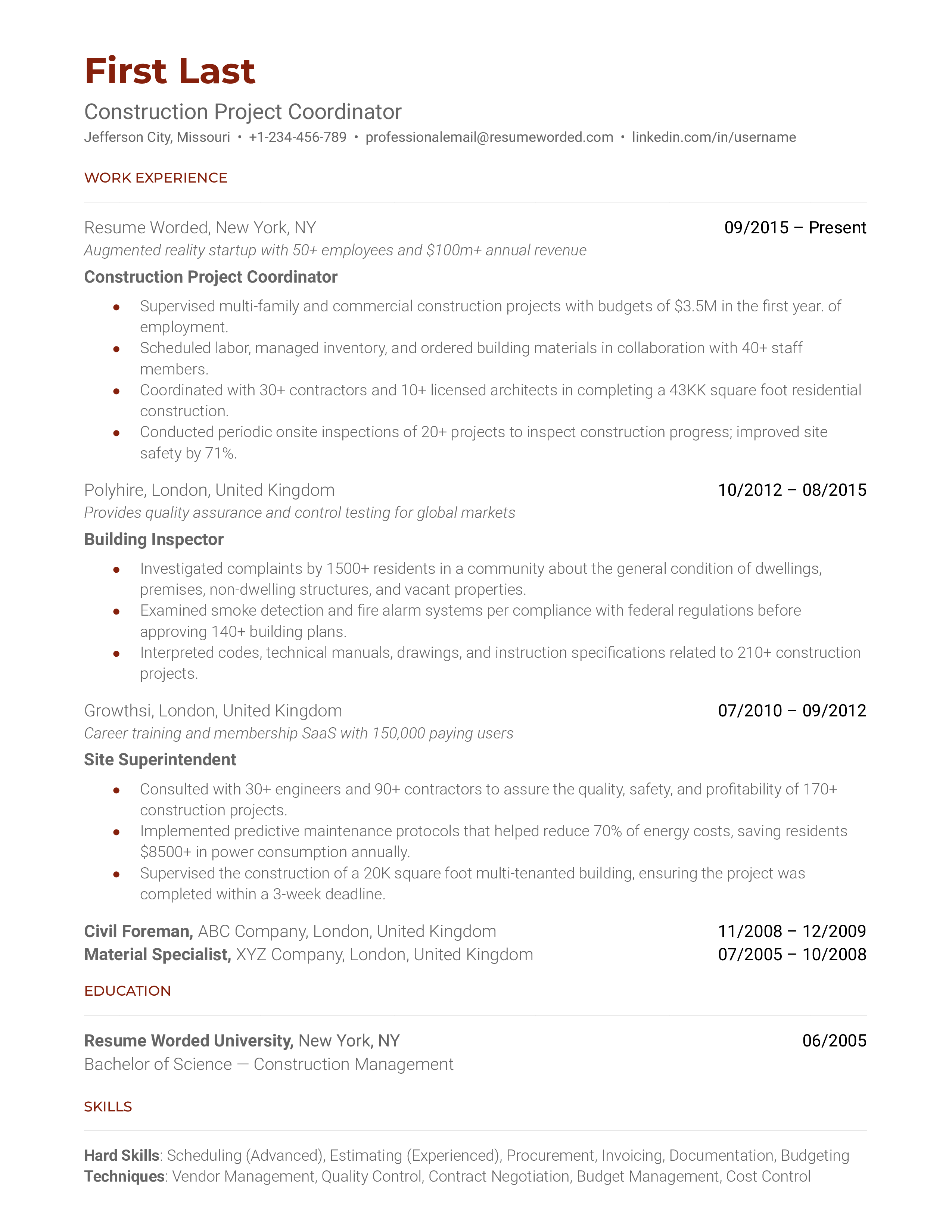 Construction Project Coordinator Resume Sample