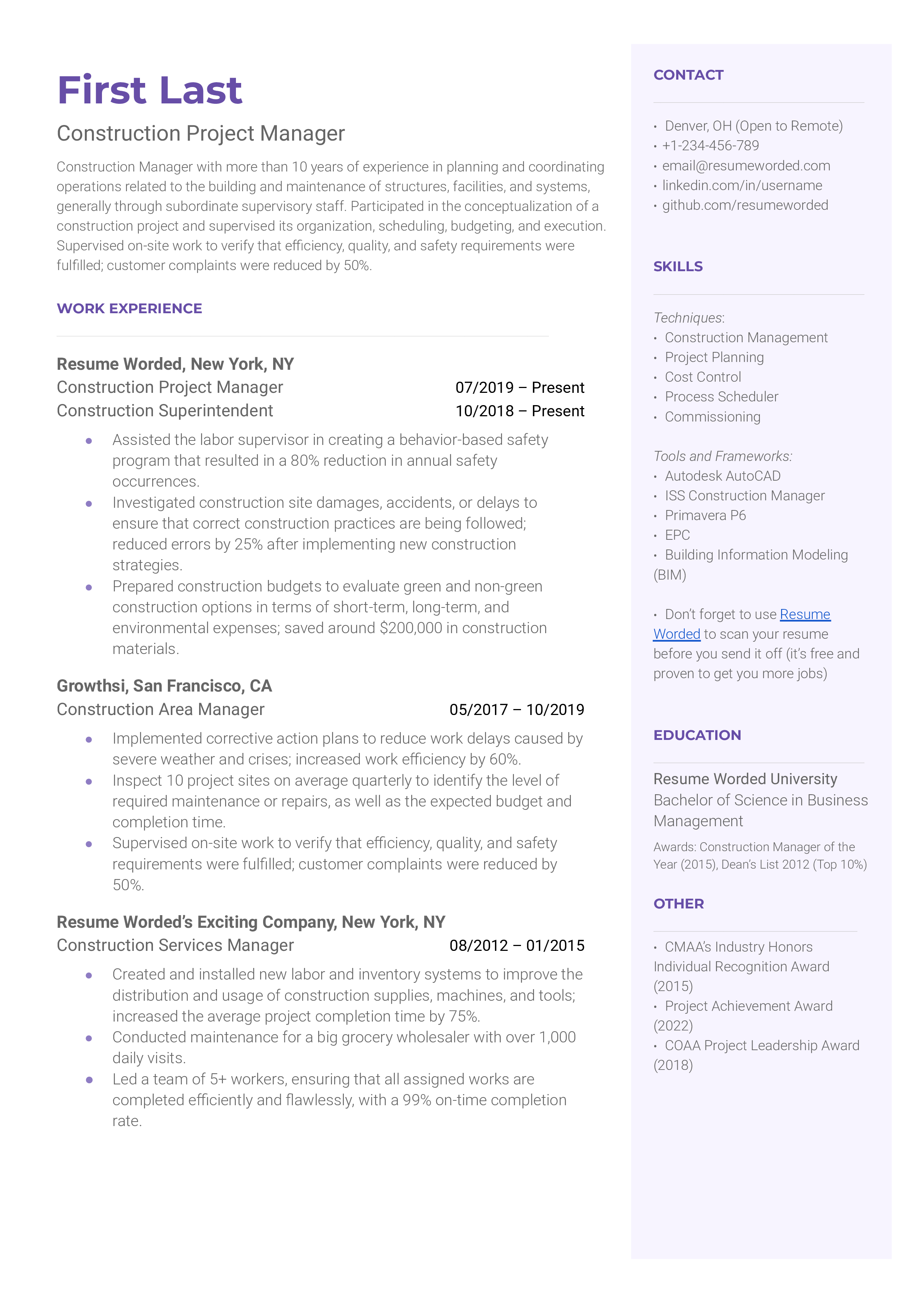 Construction Project Manager Resume Sample