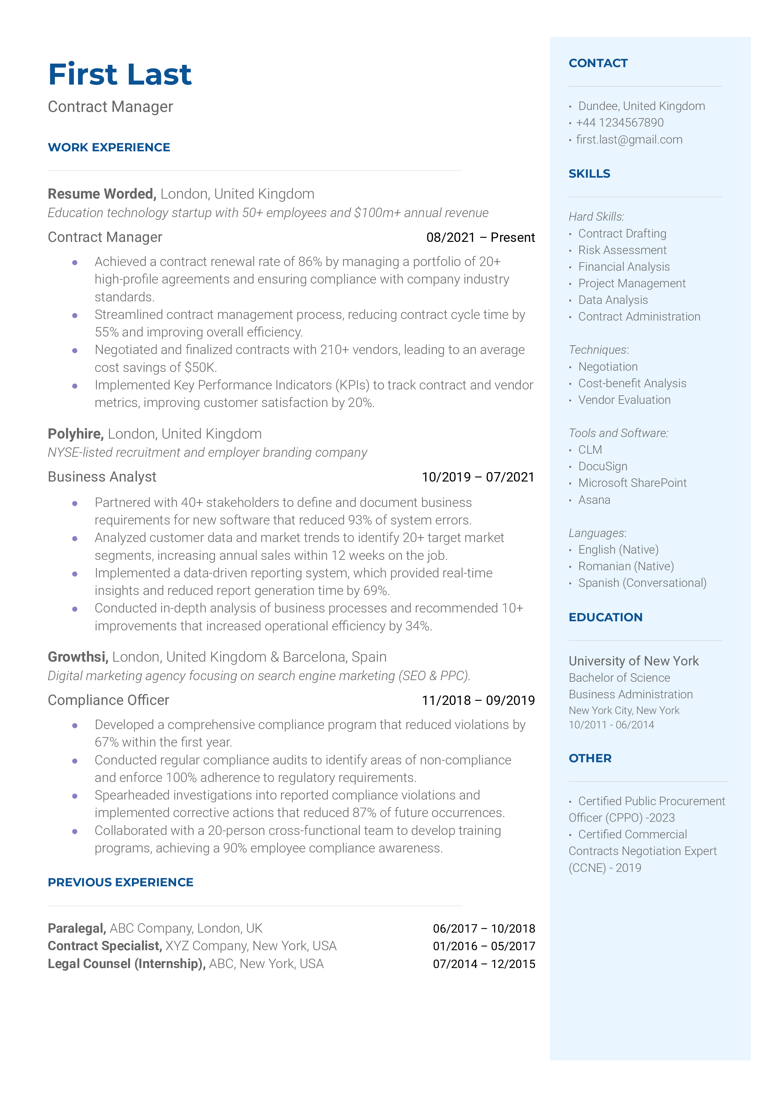 Contract Manager Resume Sample