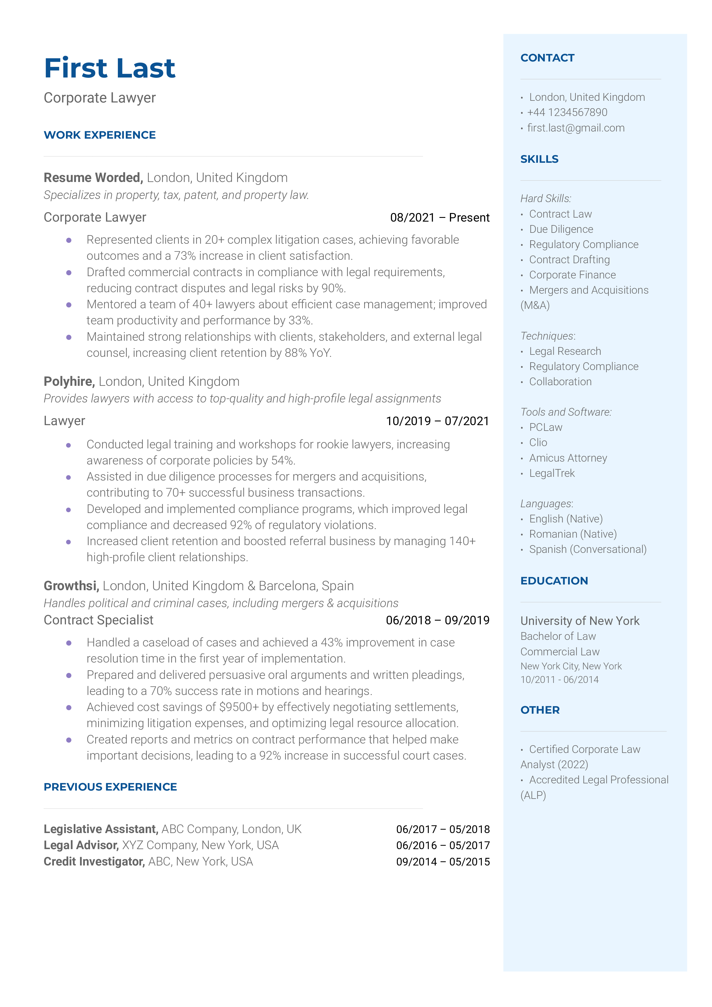 Corporate Lawyer Resume Sample