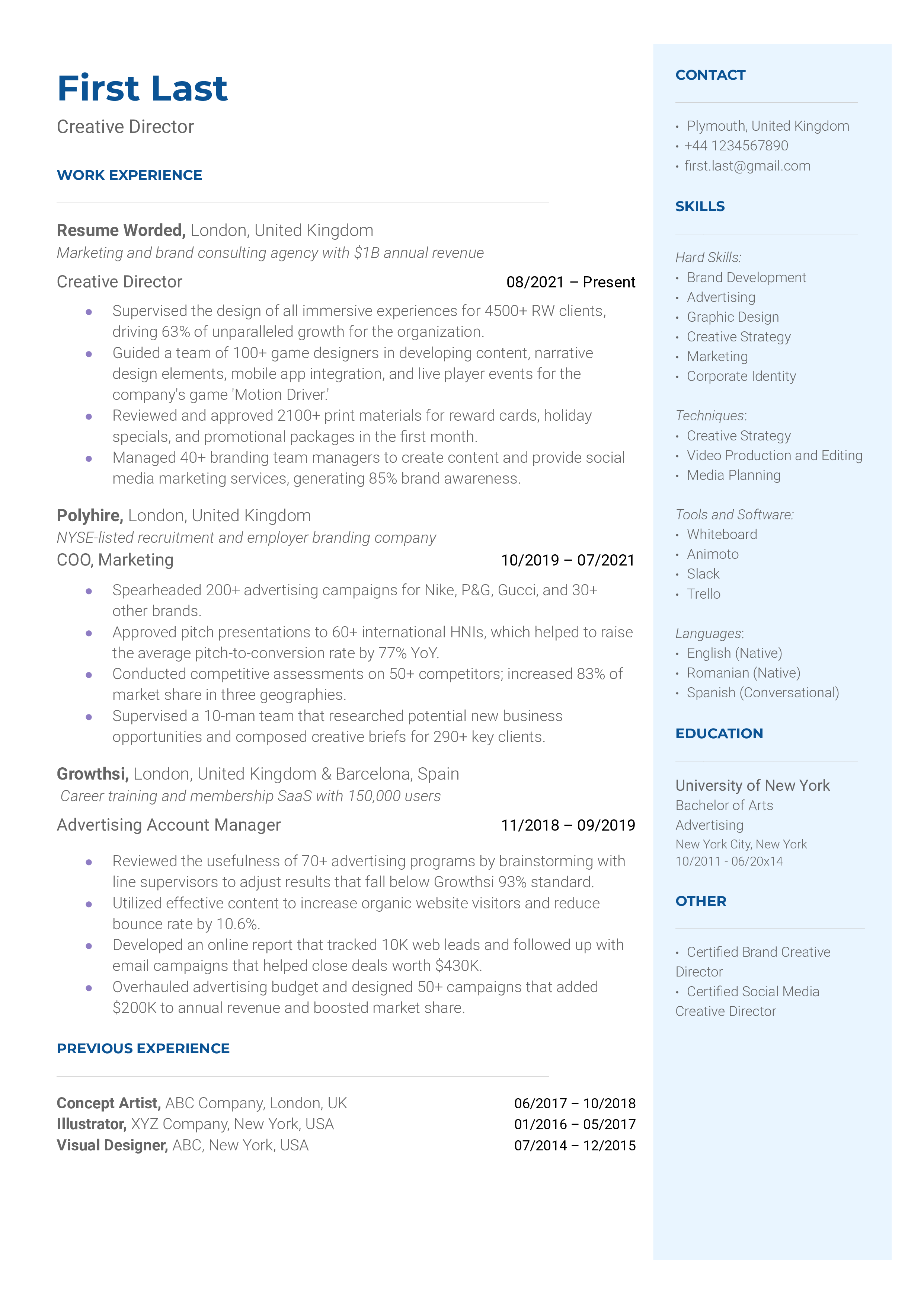 Creative Director Resume Sample