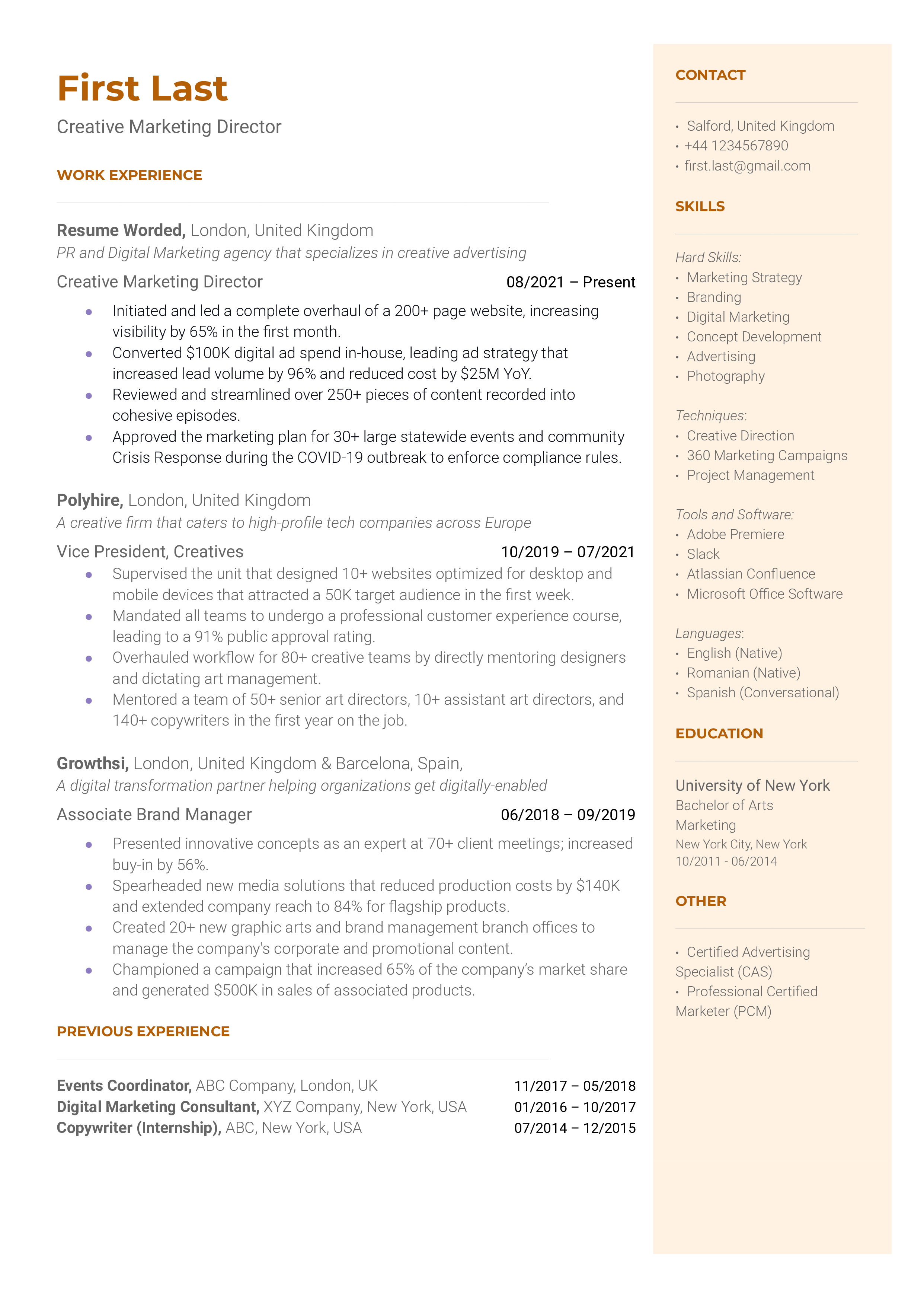 Creative Marketing Director Resume Sample