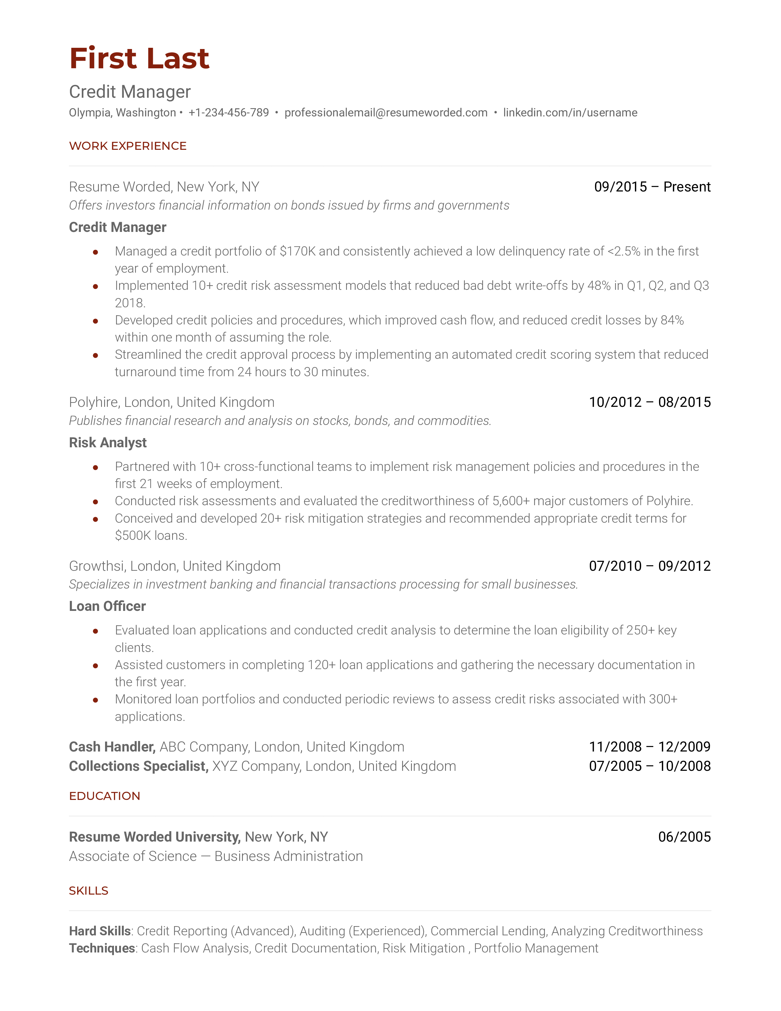 Credit Manager Resume Sample