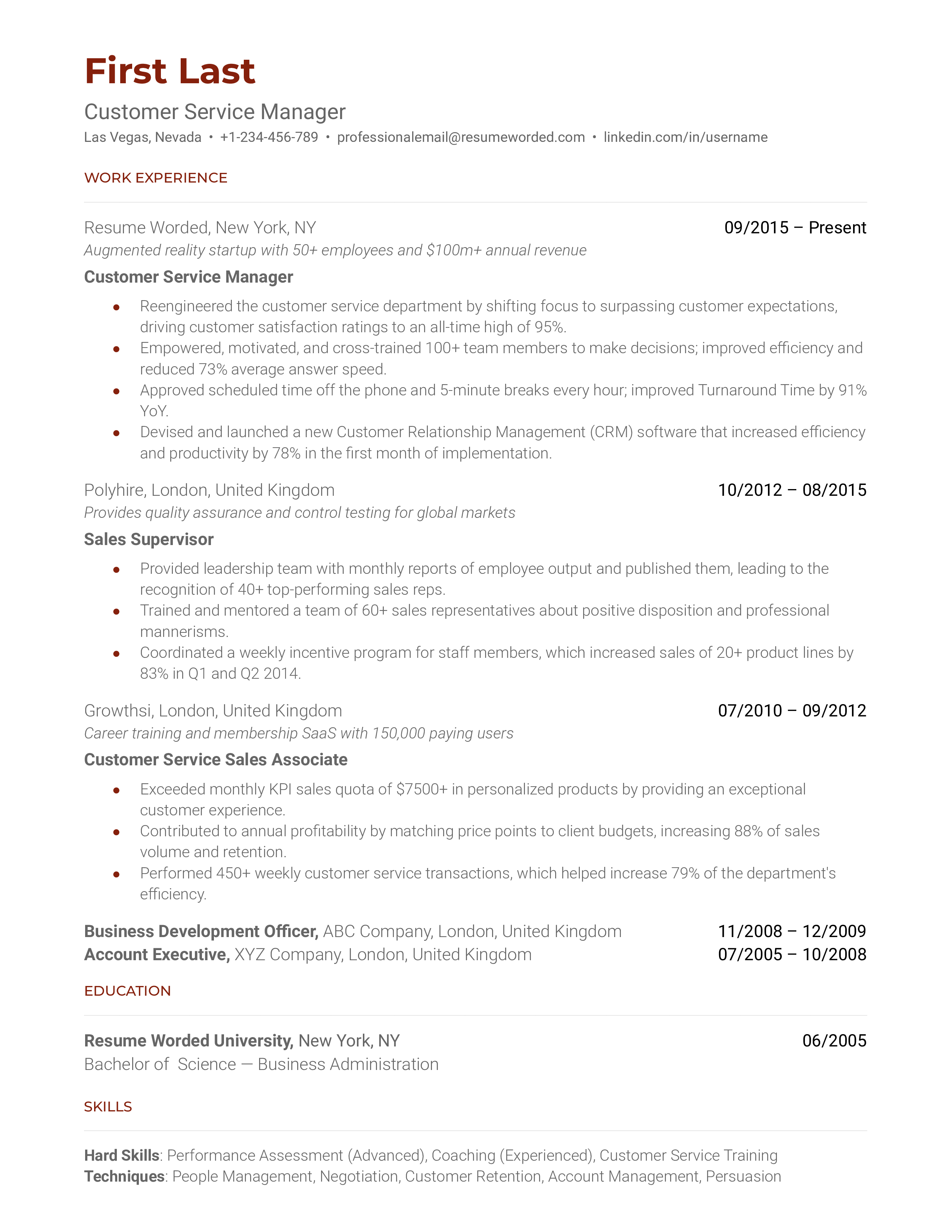 Customer Service Manager Resume Sample