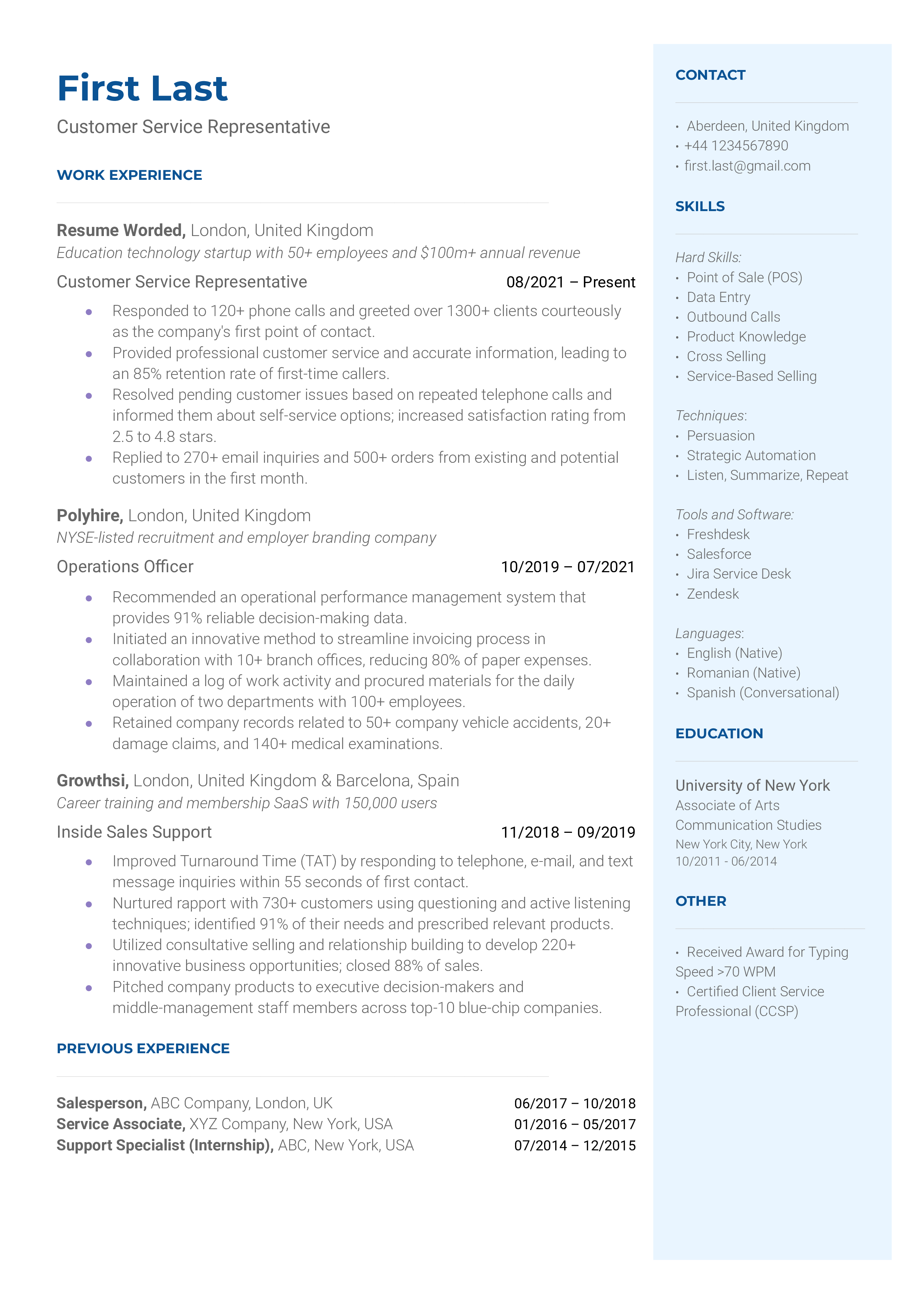 Customer Service Representative Resume Sample