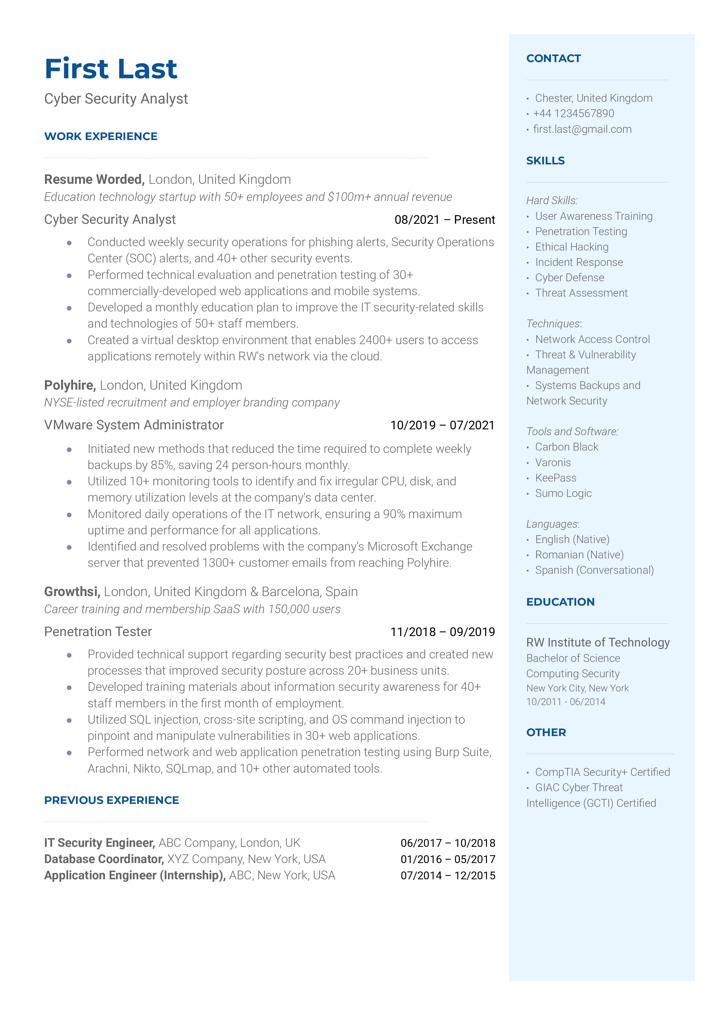 Cyber Security Analyst Resume Sample