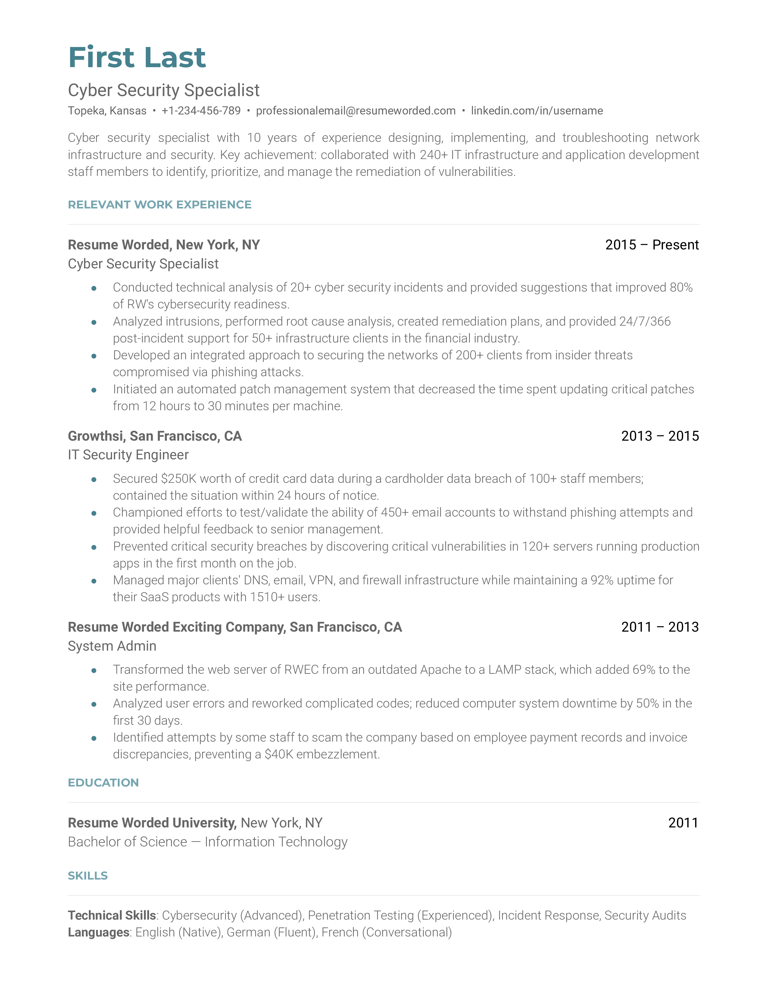 Cyber Security Specialist Resume Sample