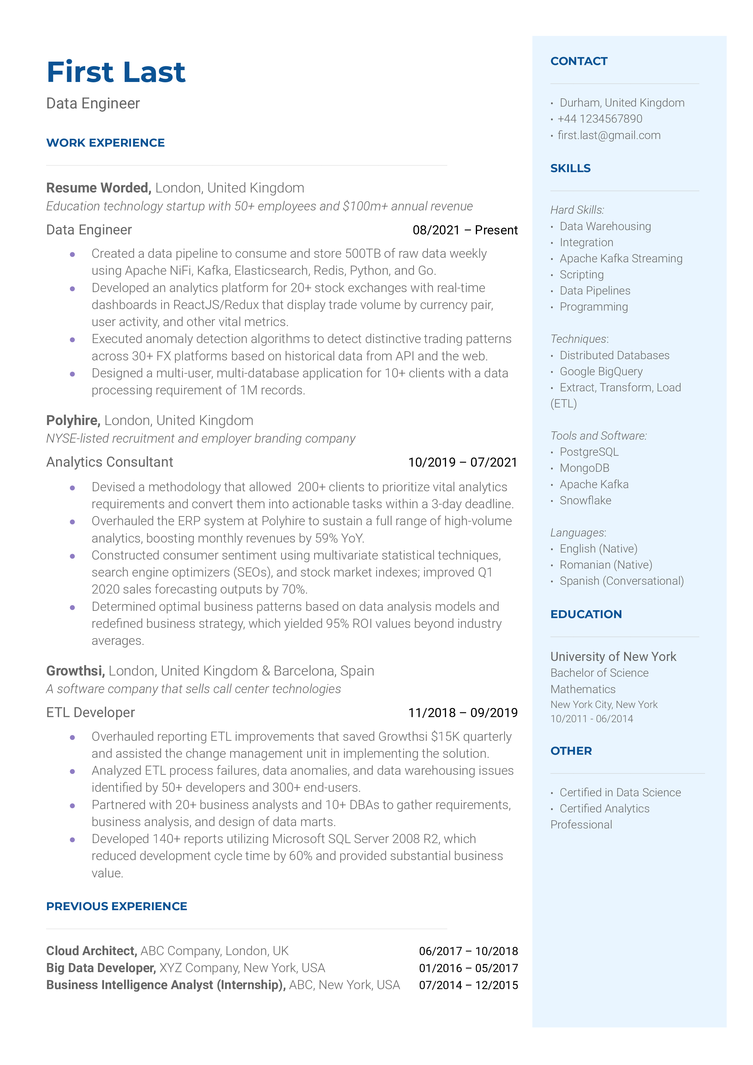 Data Engineer Resume Sample