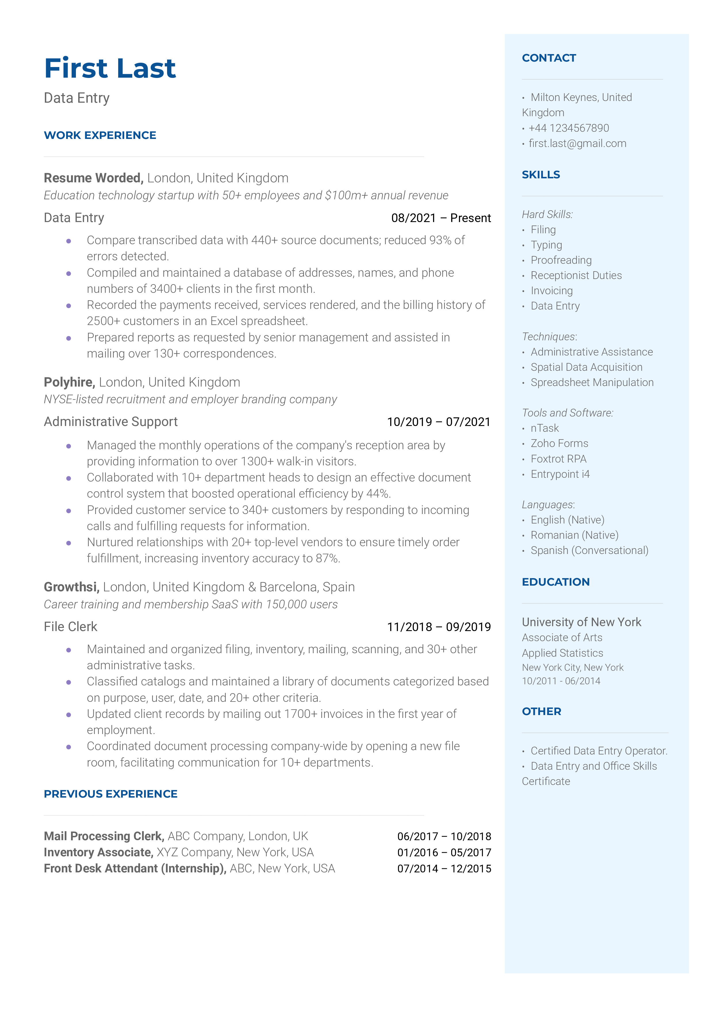 Data Entry Resume Sample