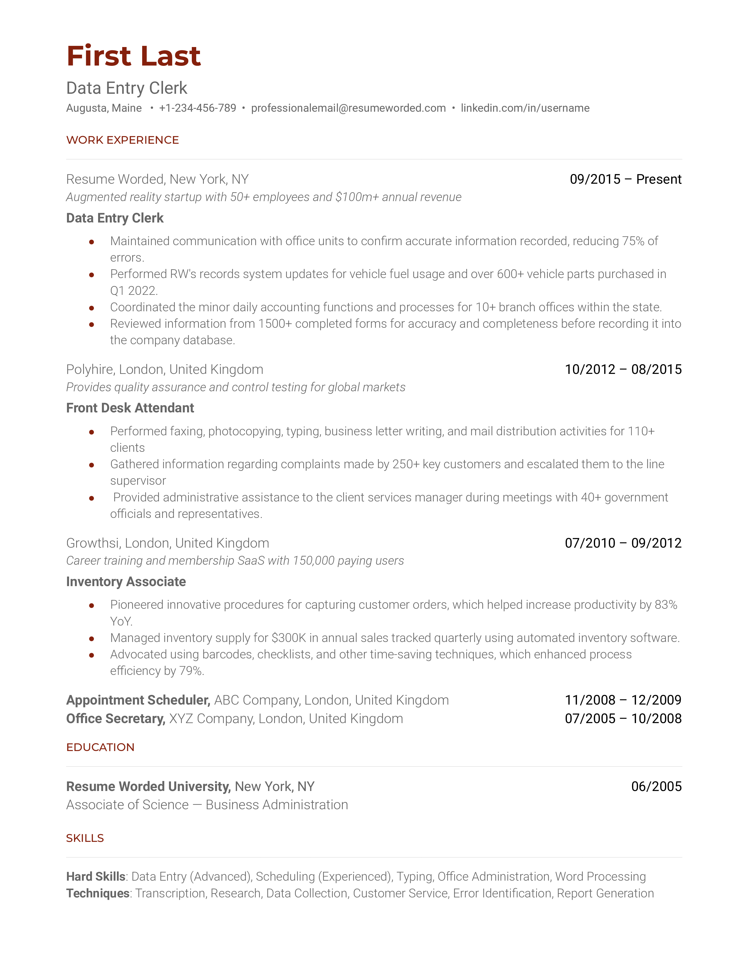 Data Entry Clerk Resume Sample