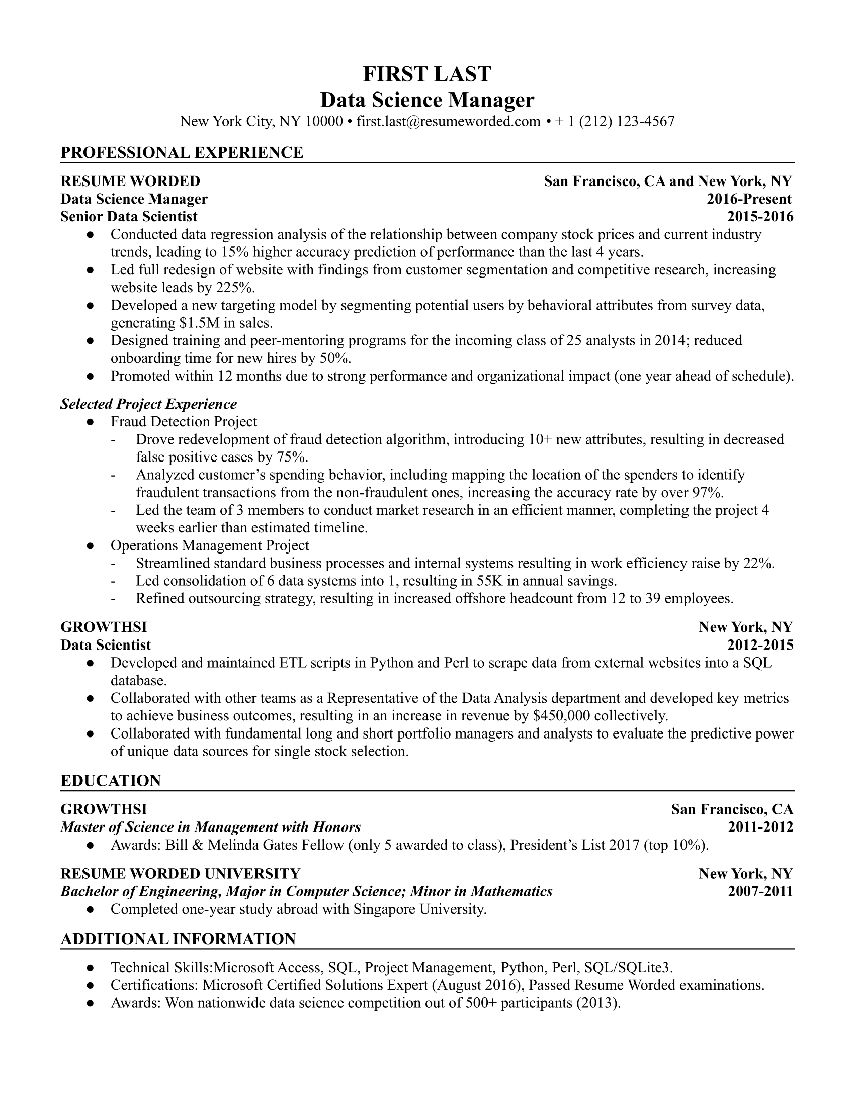 Data Science Manager Resume Sample