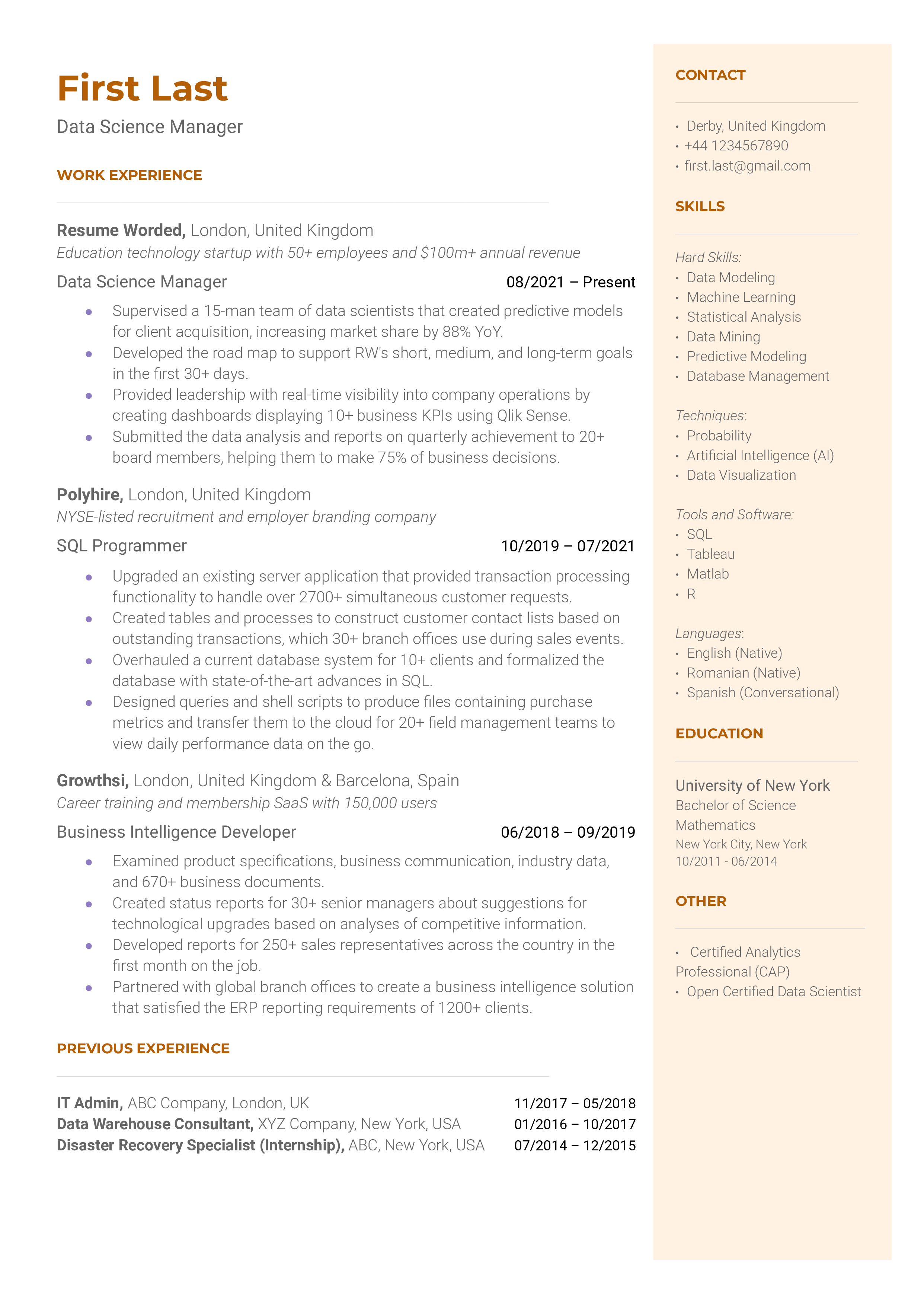 Data Science Manager Resume Sample