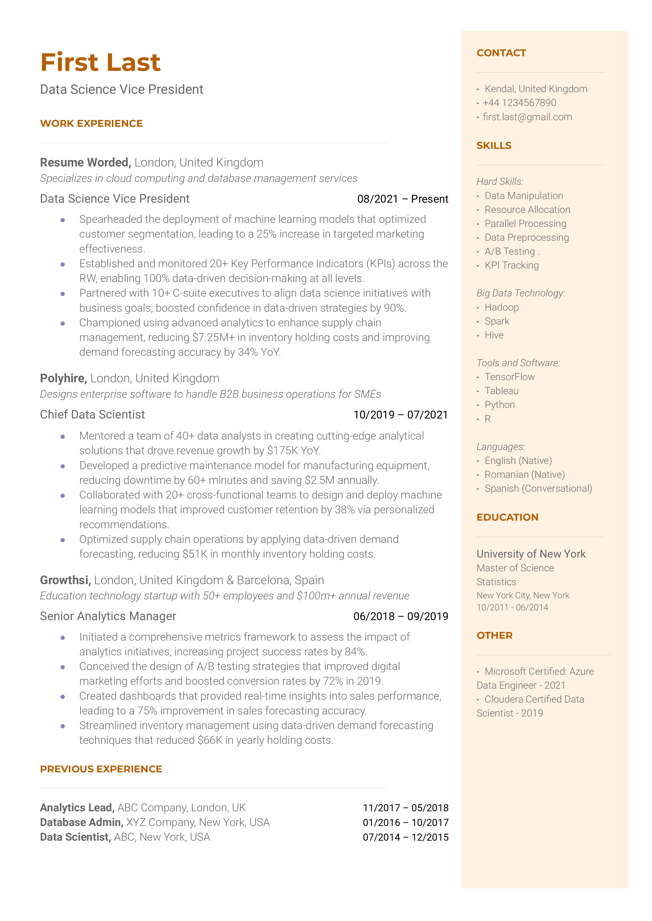 Data Science Vice President Resume Sample