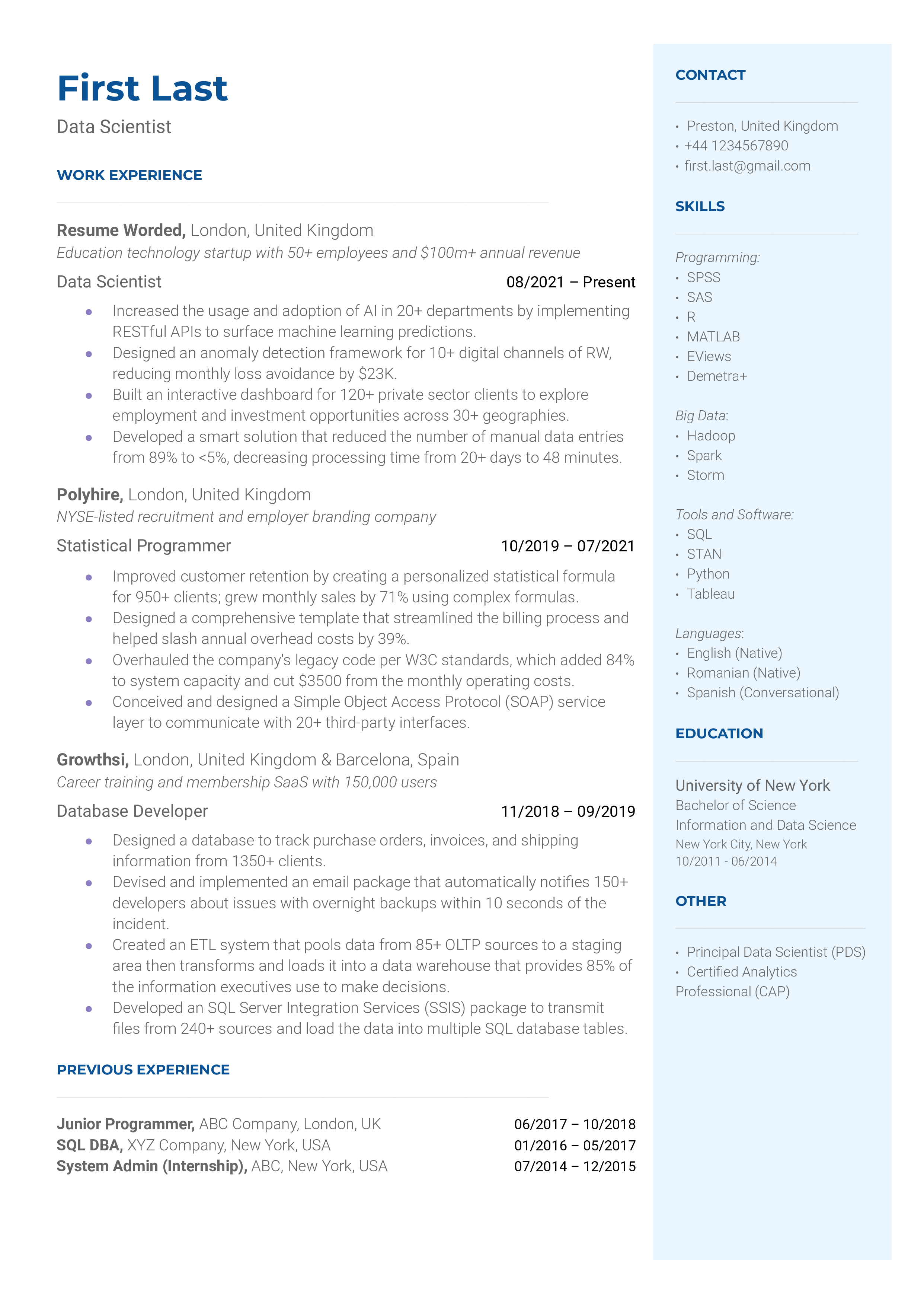 Data Scientist Resume Sample