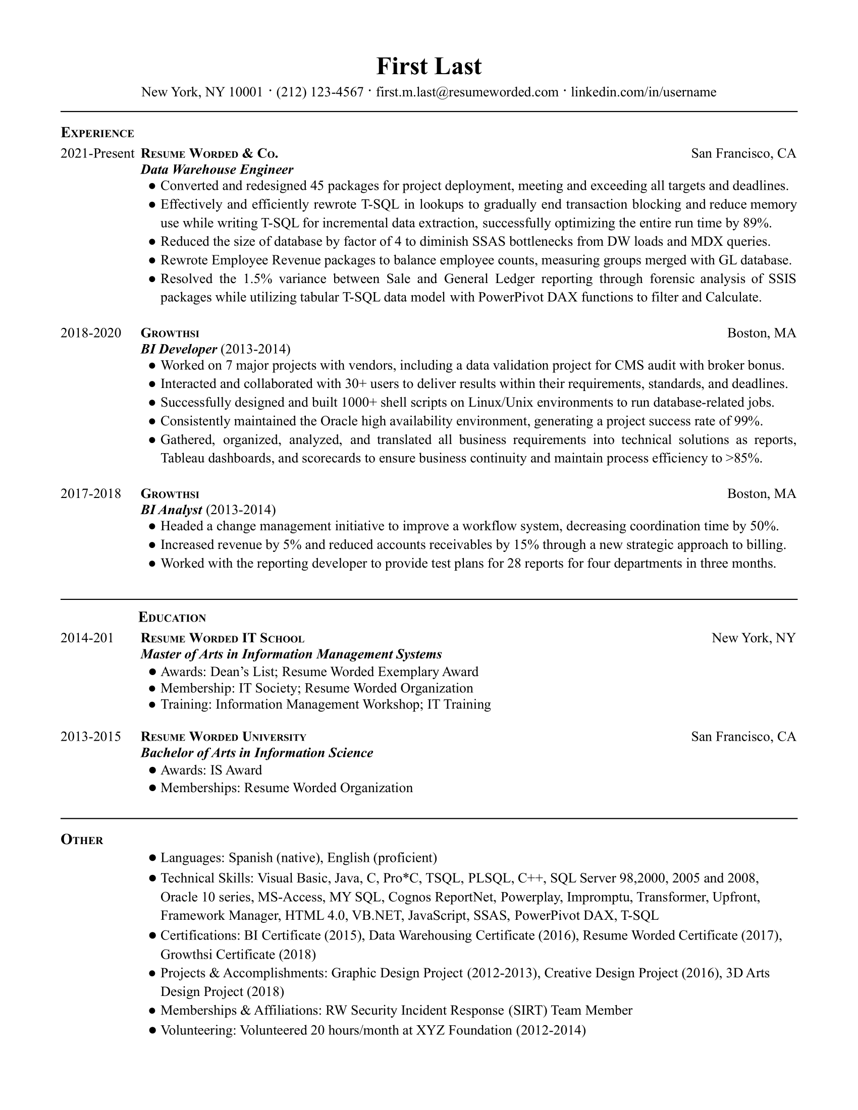 Data Warehouse Engineer Resume Sample