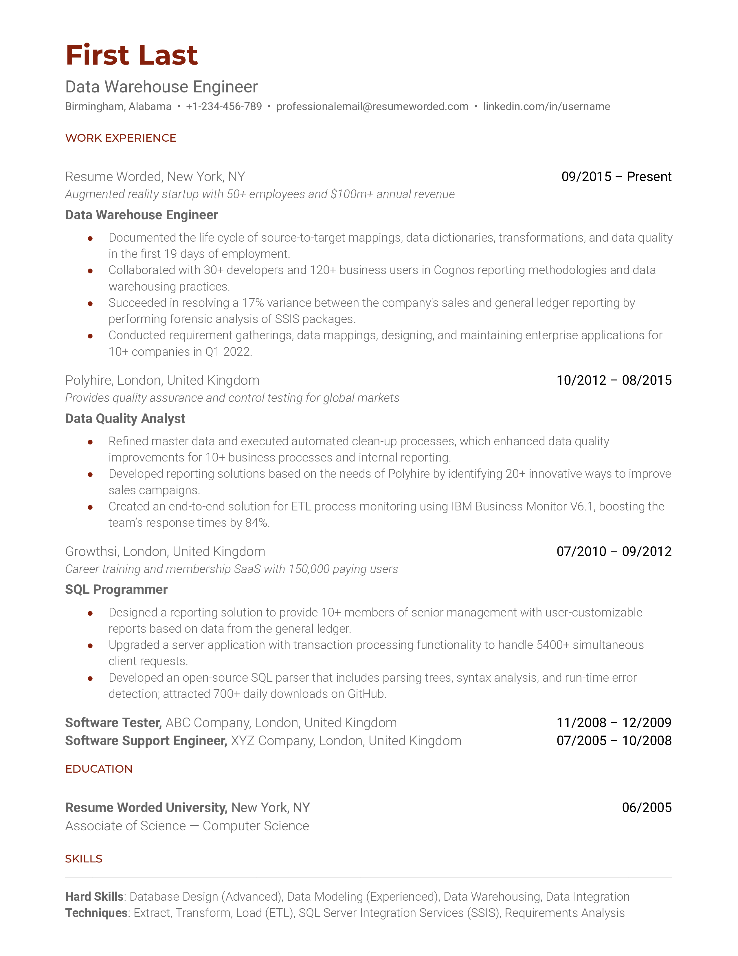 Data Warehouse Engineer Resume Sample