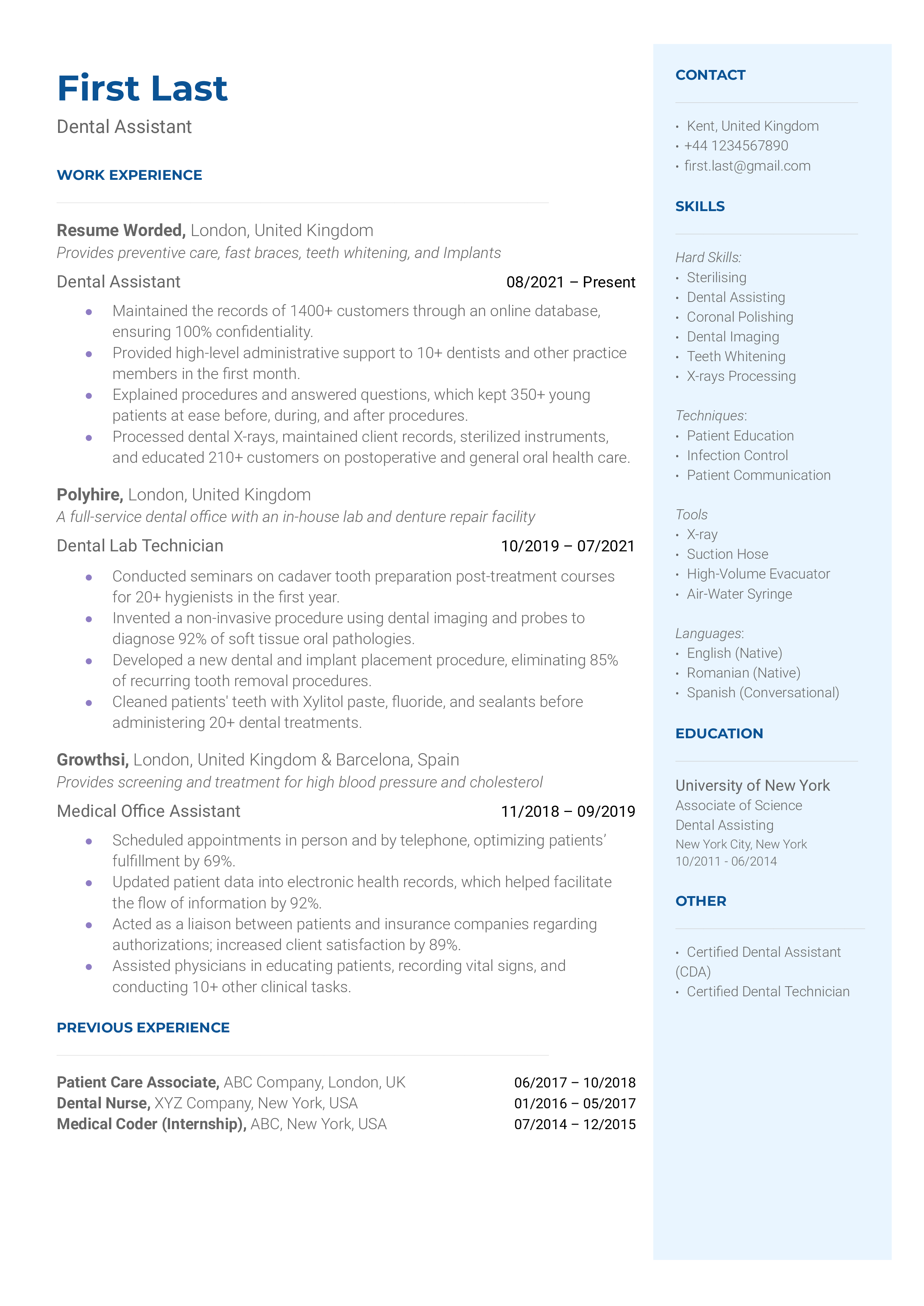 Dental Assistant Resume Sample