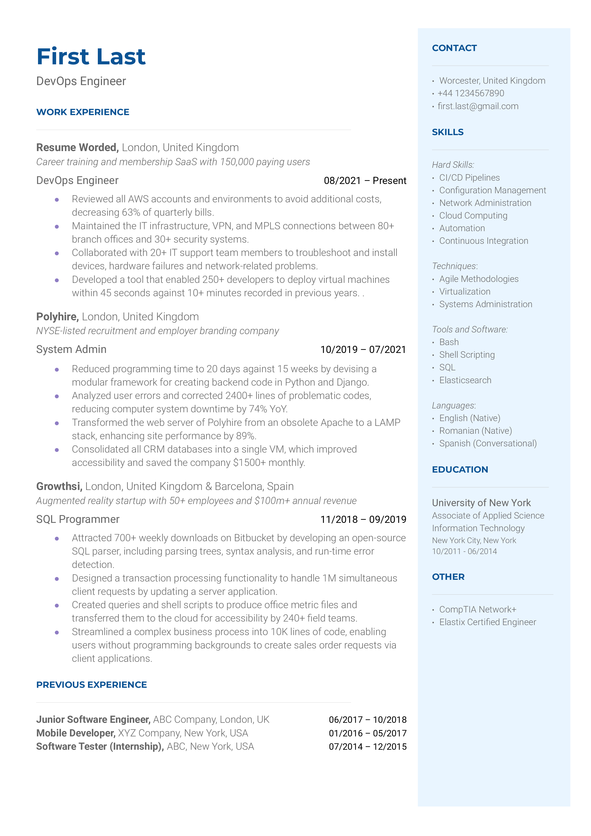 DevOps Engineer Resume Sample