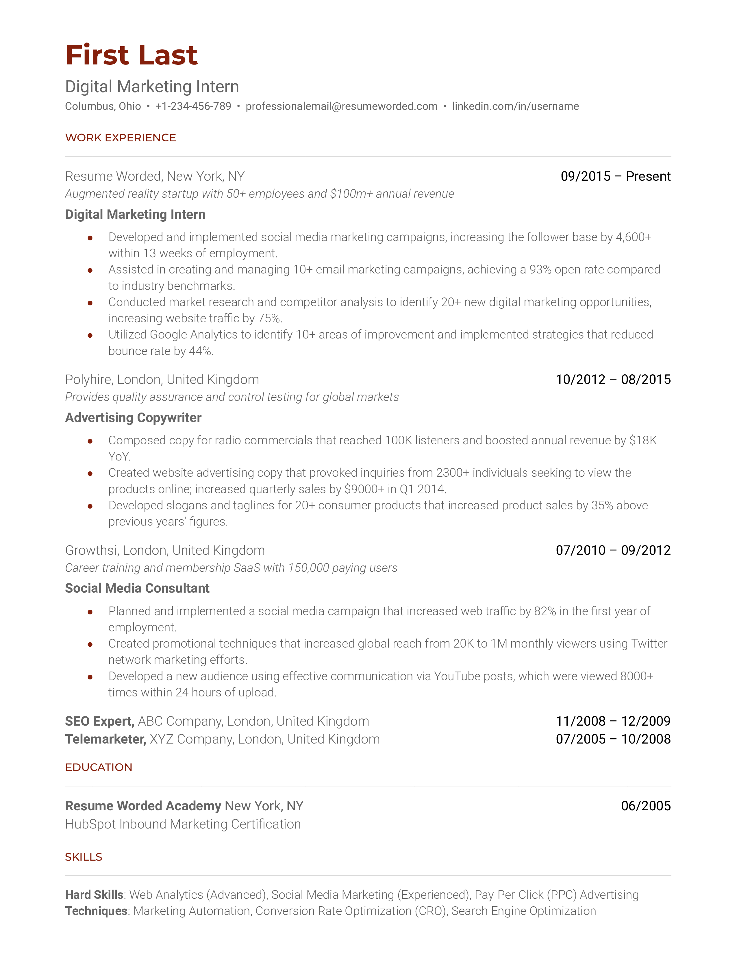 Digital Marketing Intern Resume Sample