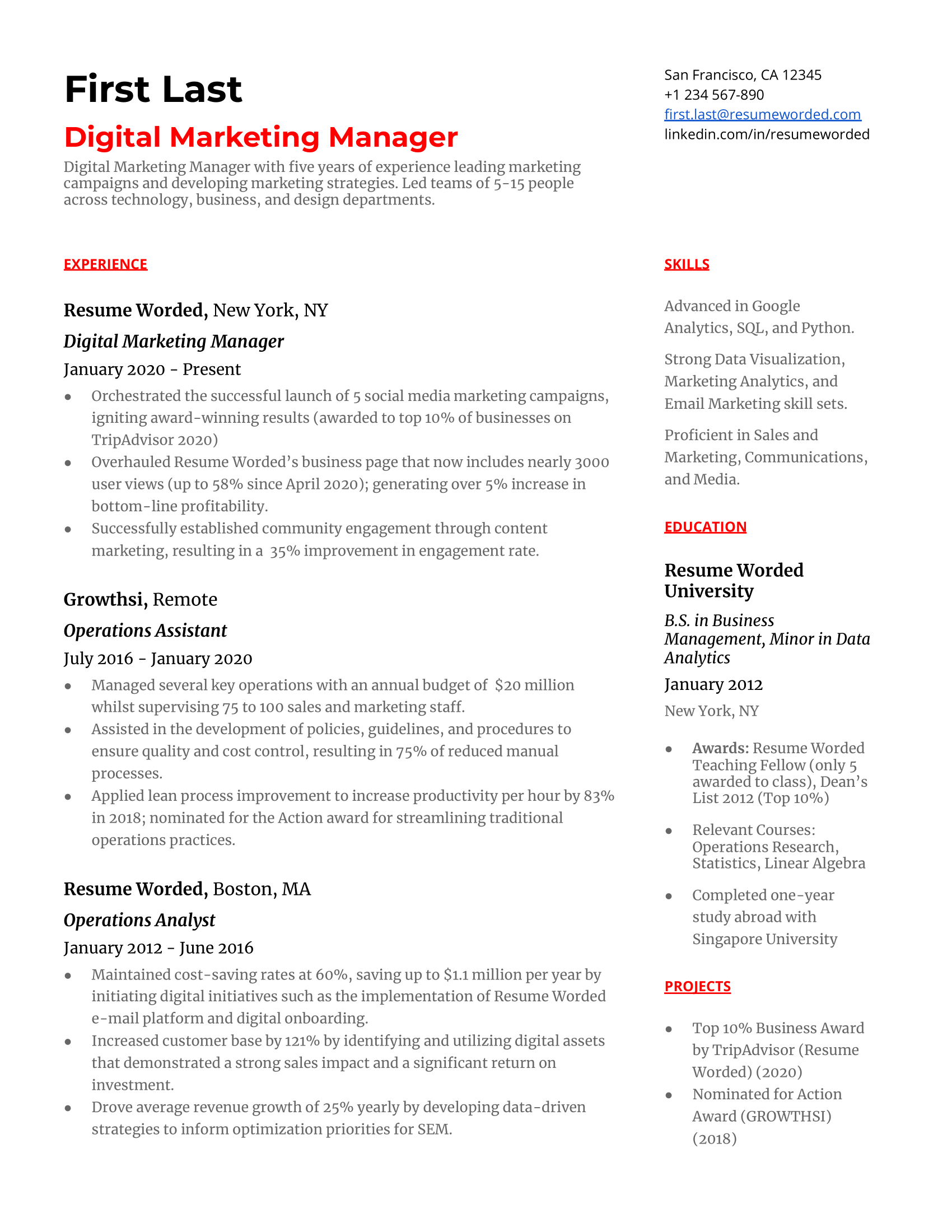 Digital Marketing Manager Resume Sample