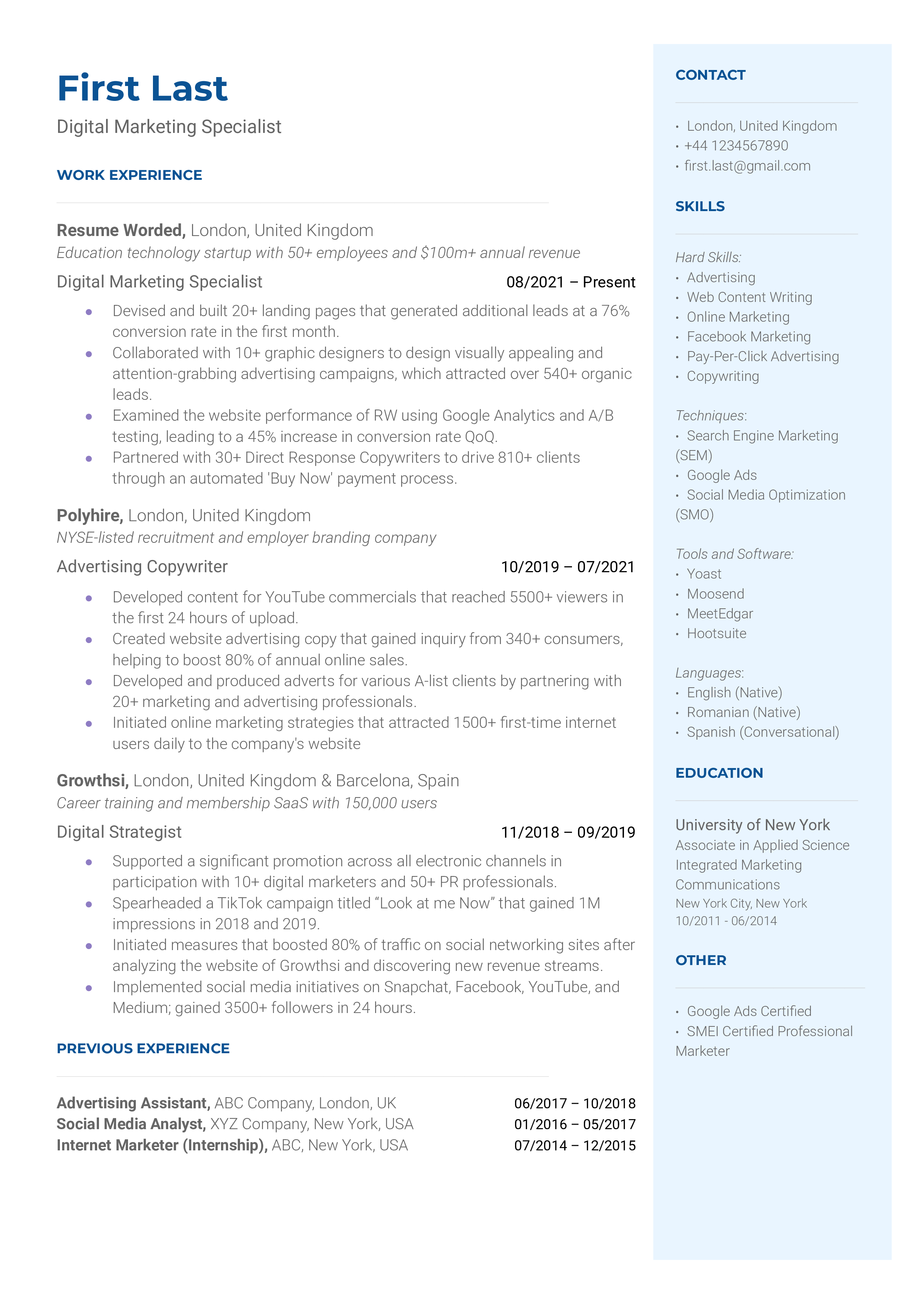 Digital Marketing Specialist Resume Sample