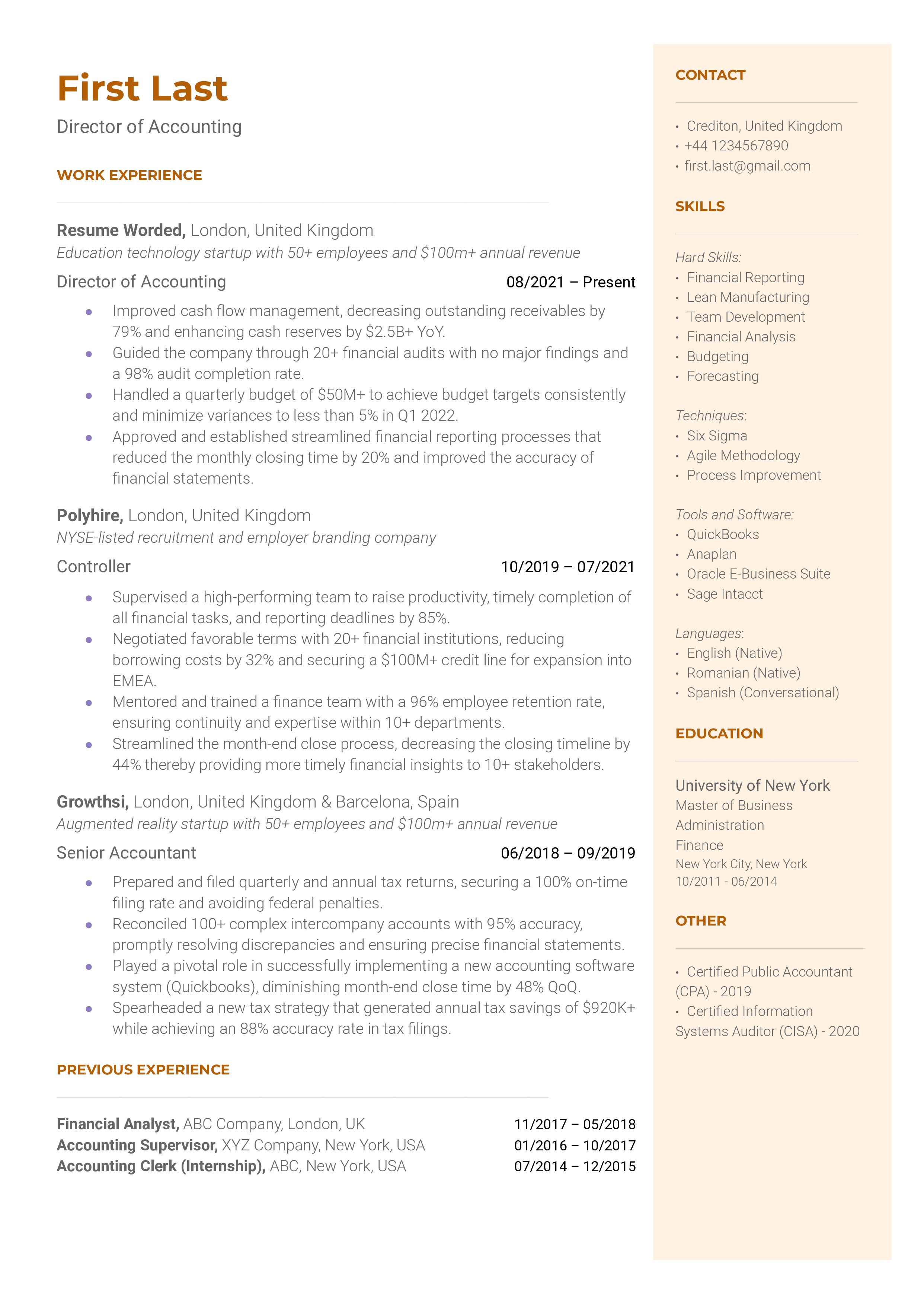 Director of Accounting Resume Sample