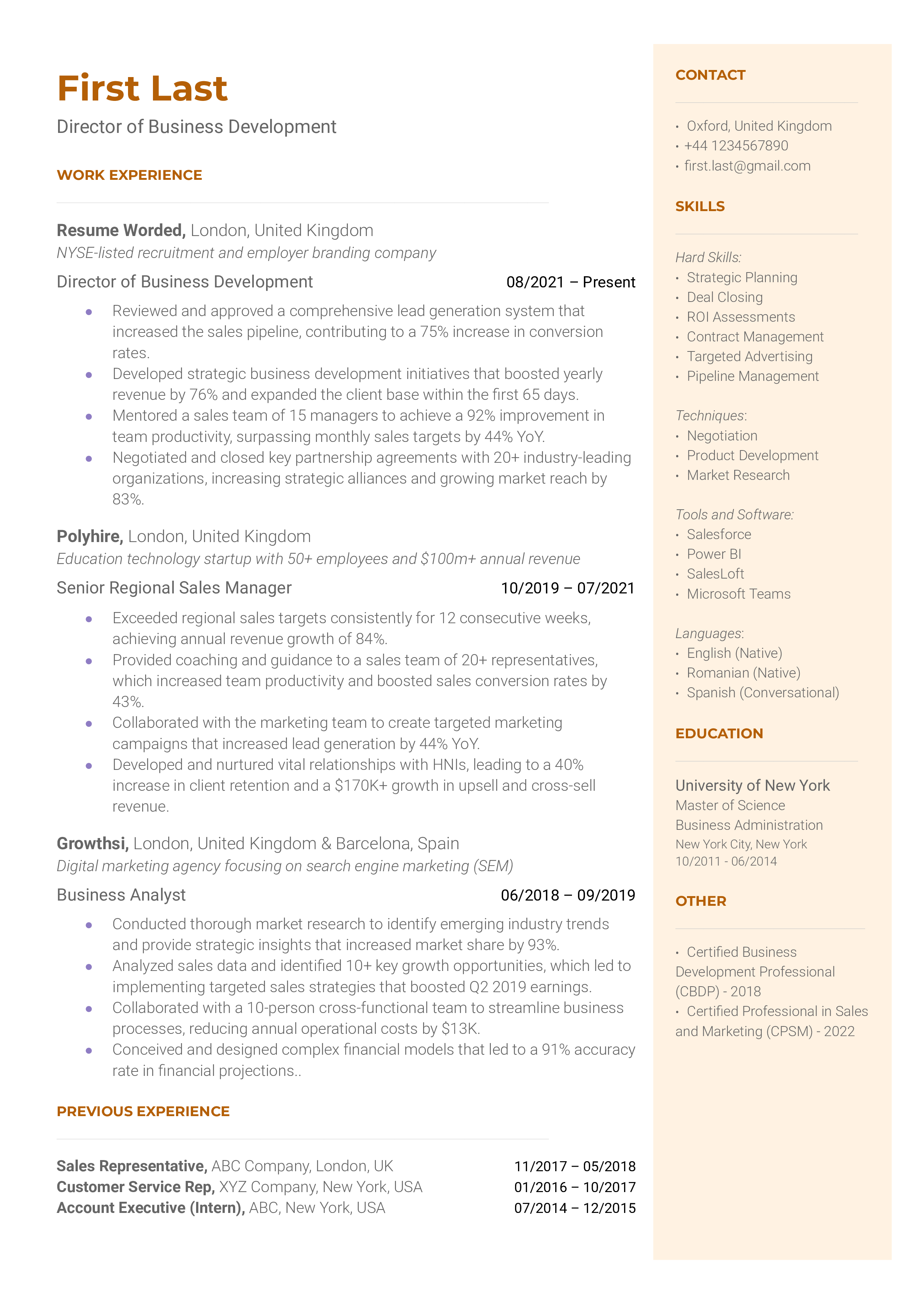 Director of Business Development Resume Sample