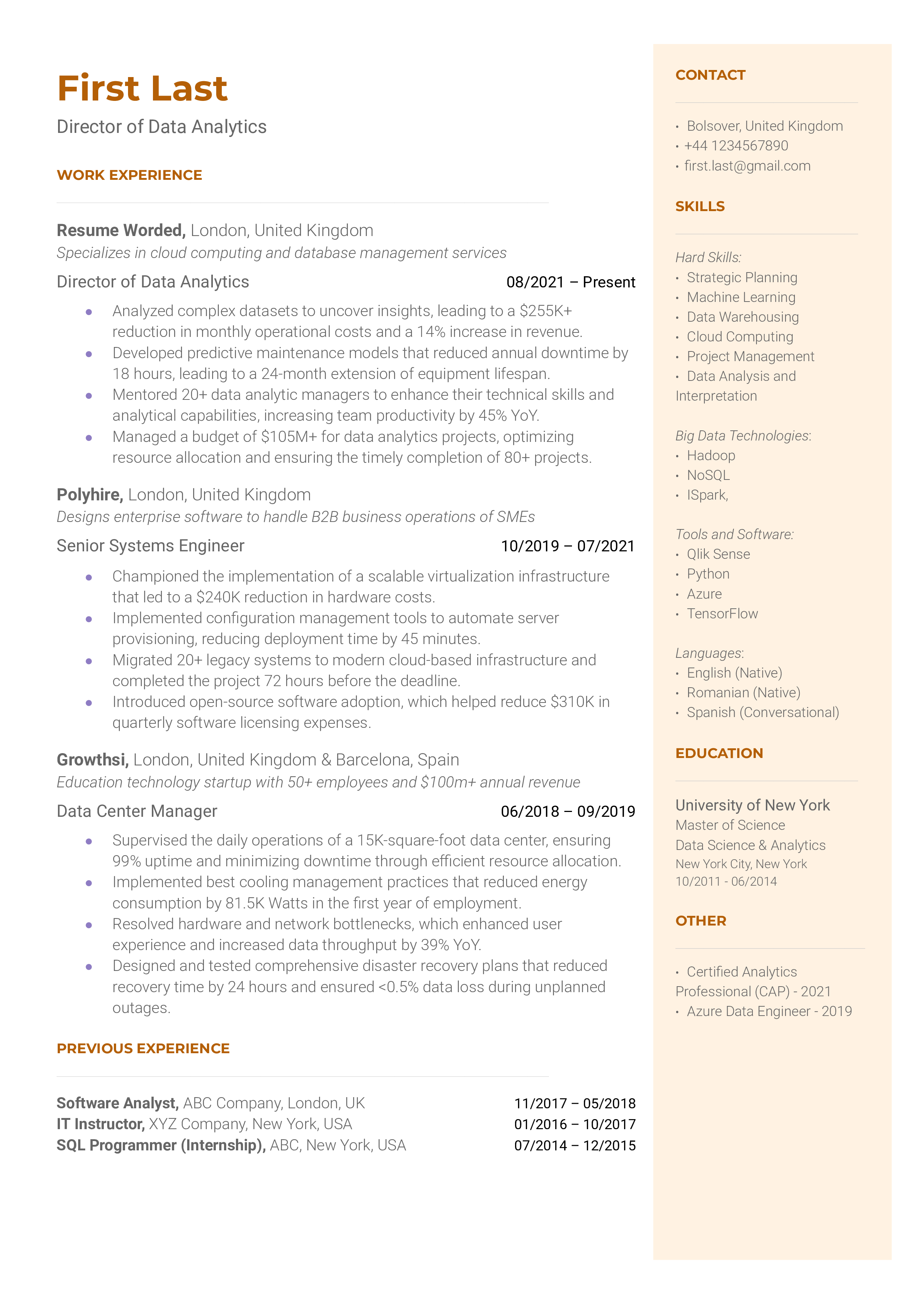 Director of Data Analytics Resume Sample