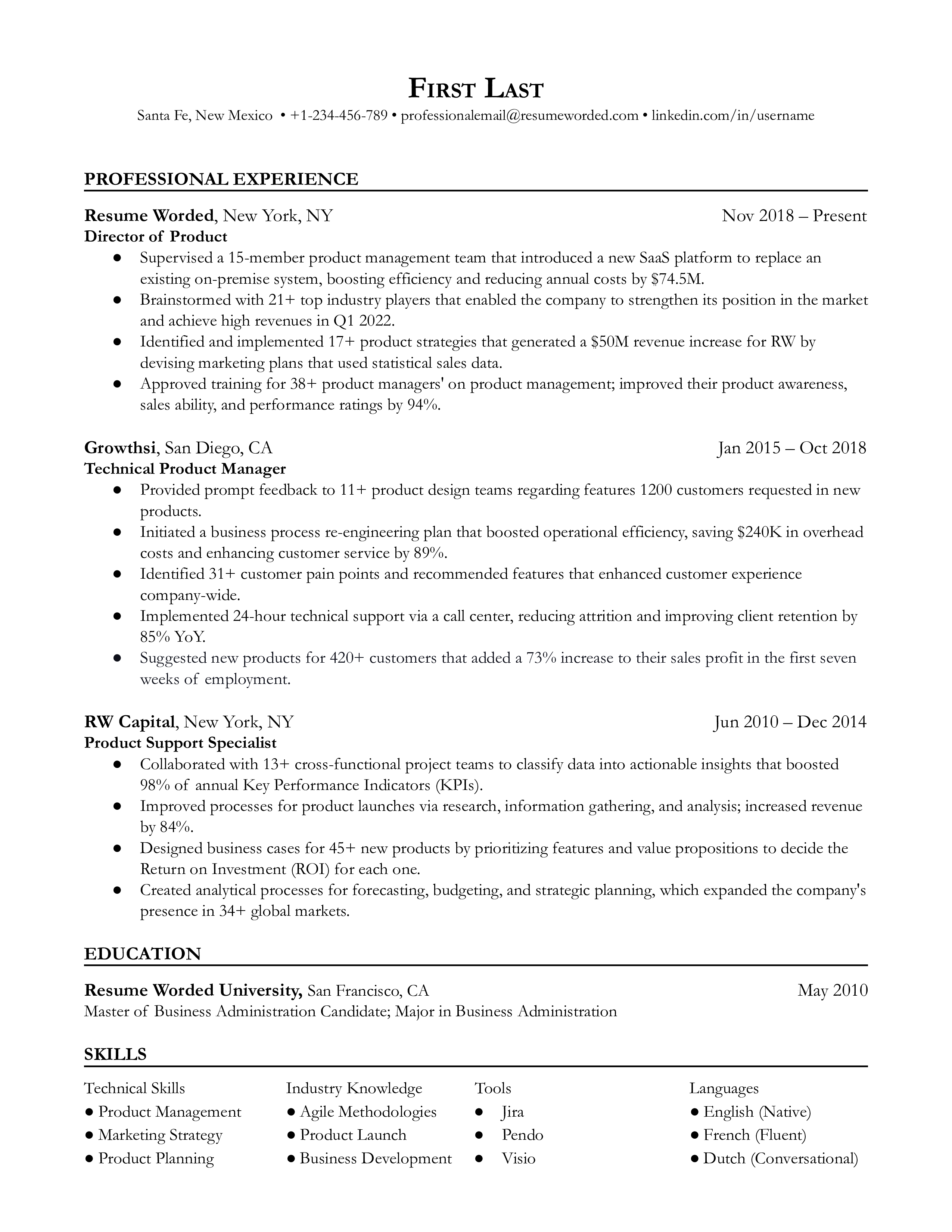 Director of Product Resume Sample