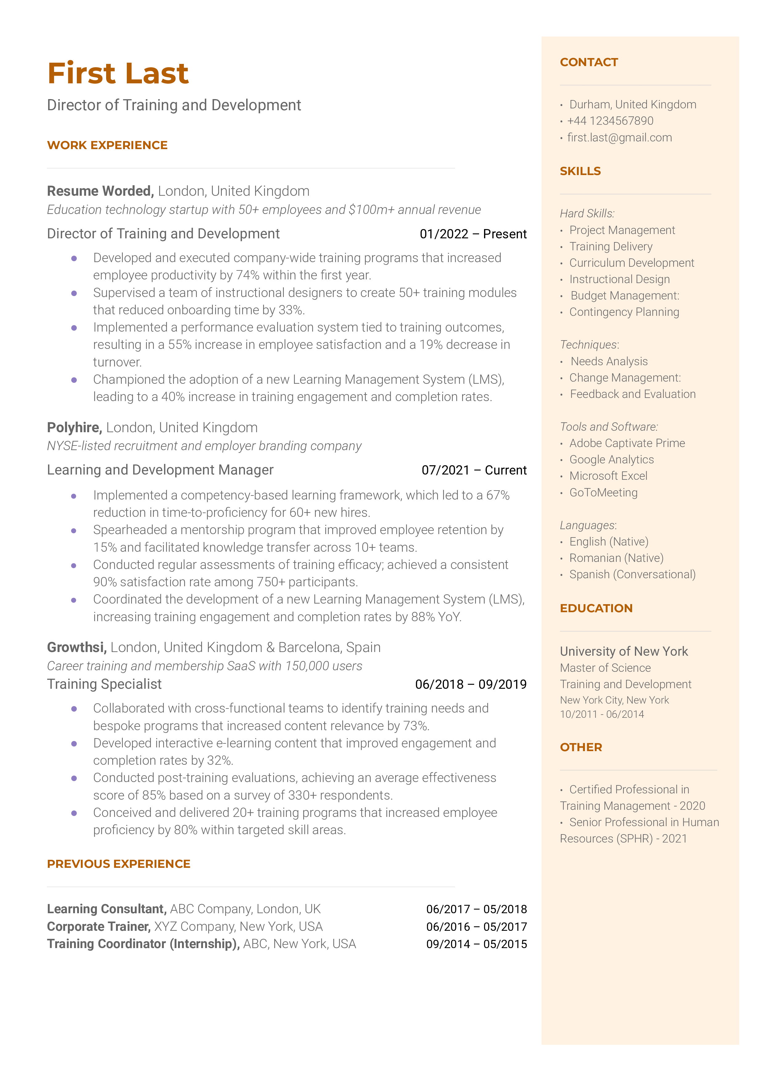 Director of Training and Development Resume Sample