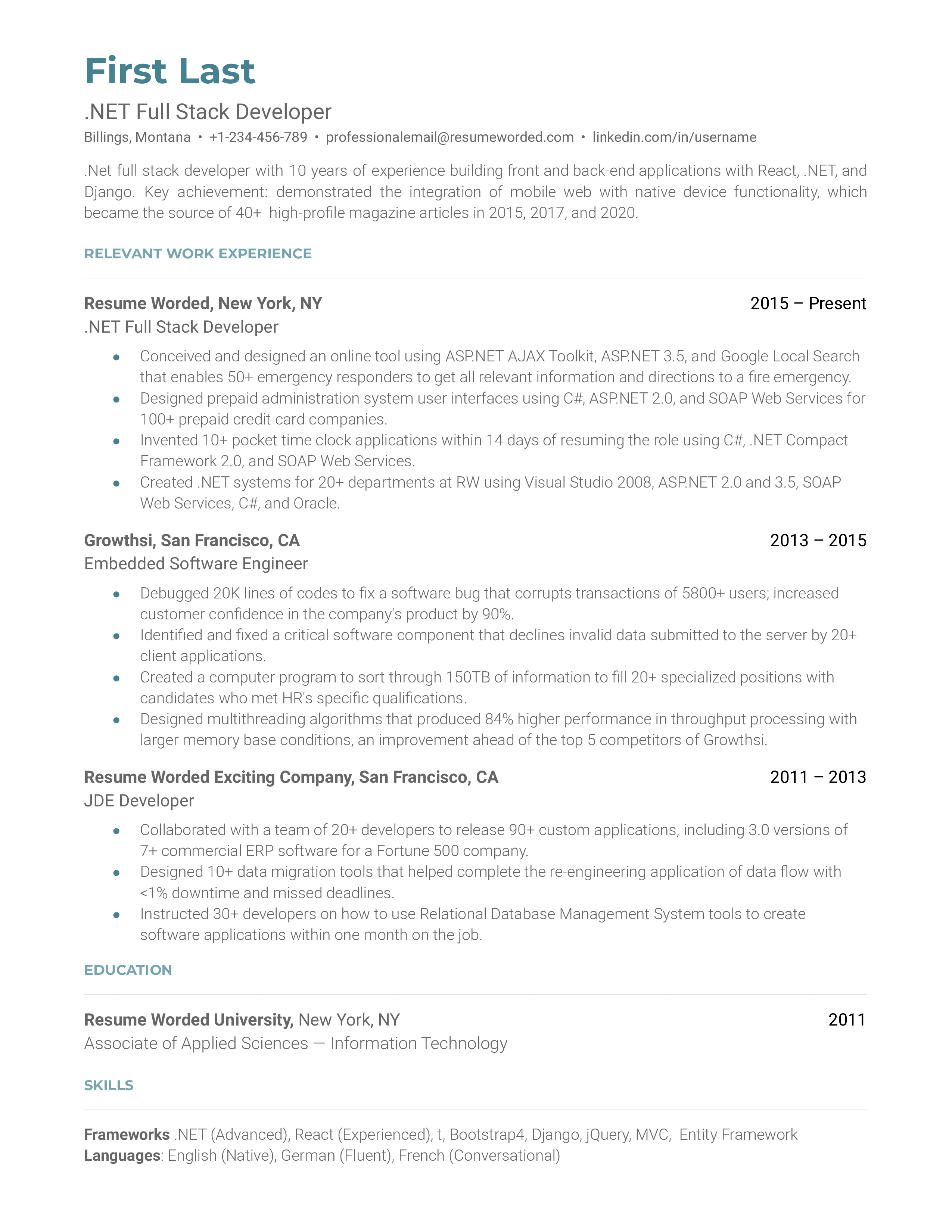 .NET Full Stack Developer Resume Sample