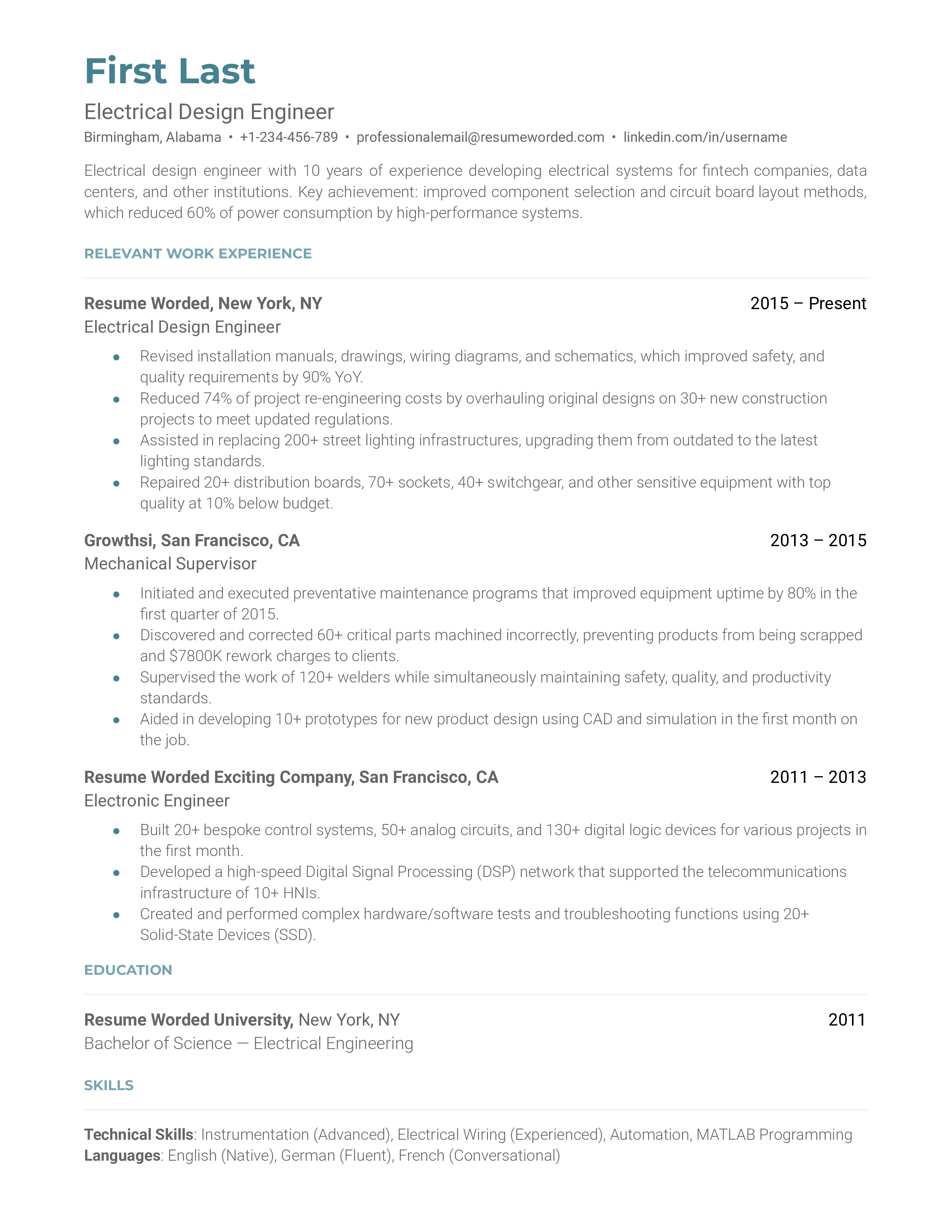 Electrical Design Engineer Resume Sample