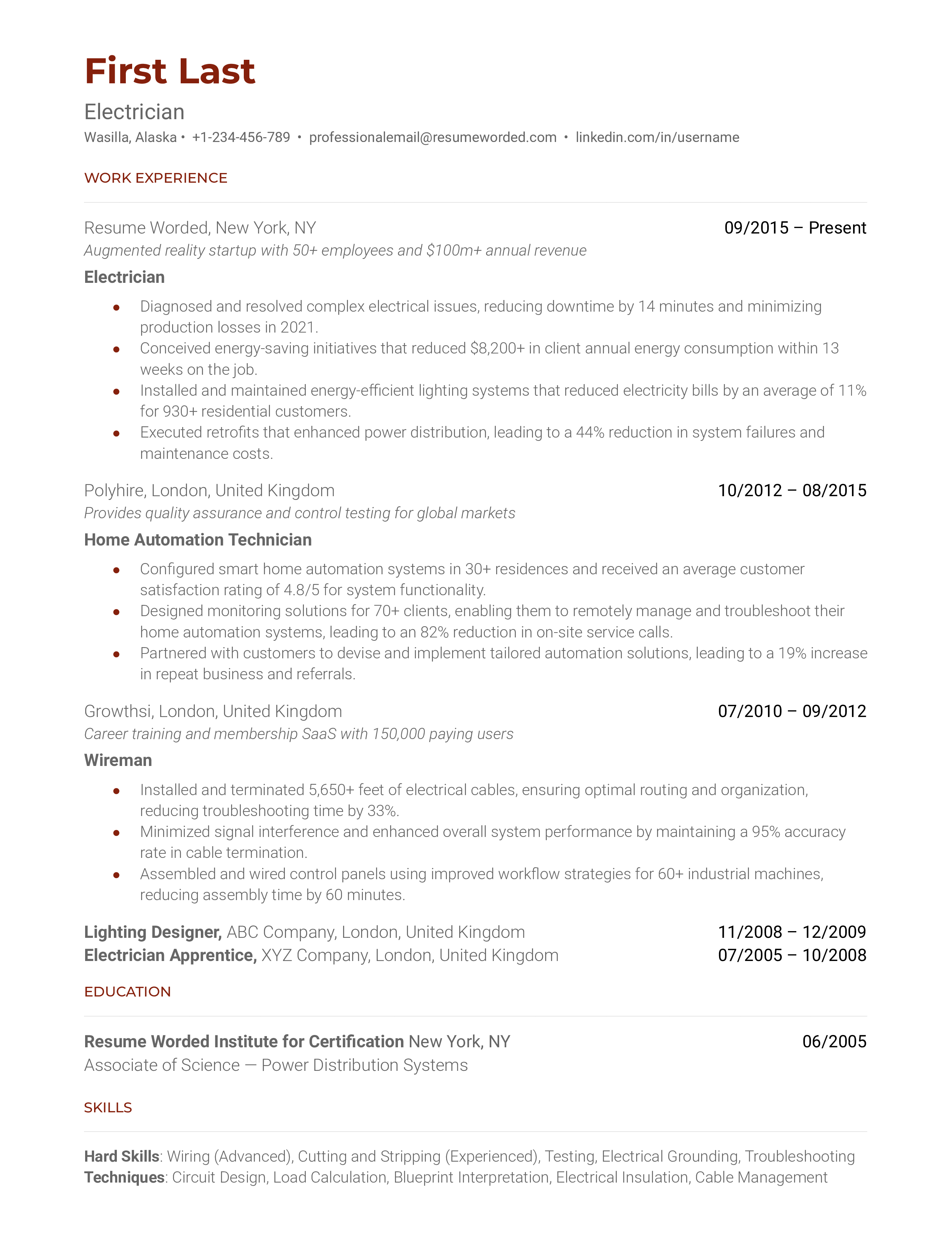 Electrician Resume Sample