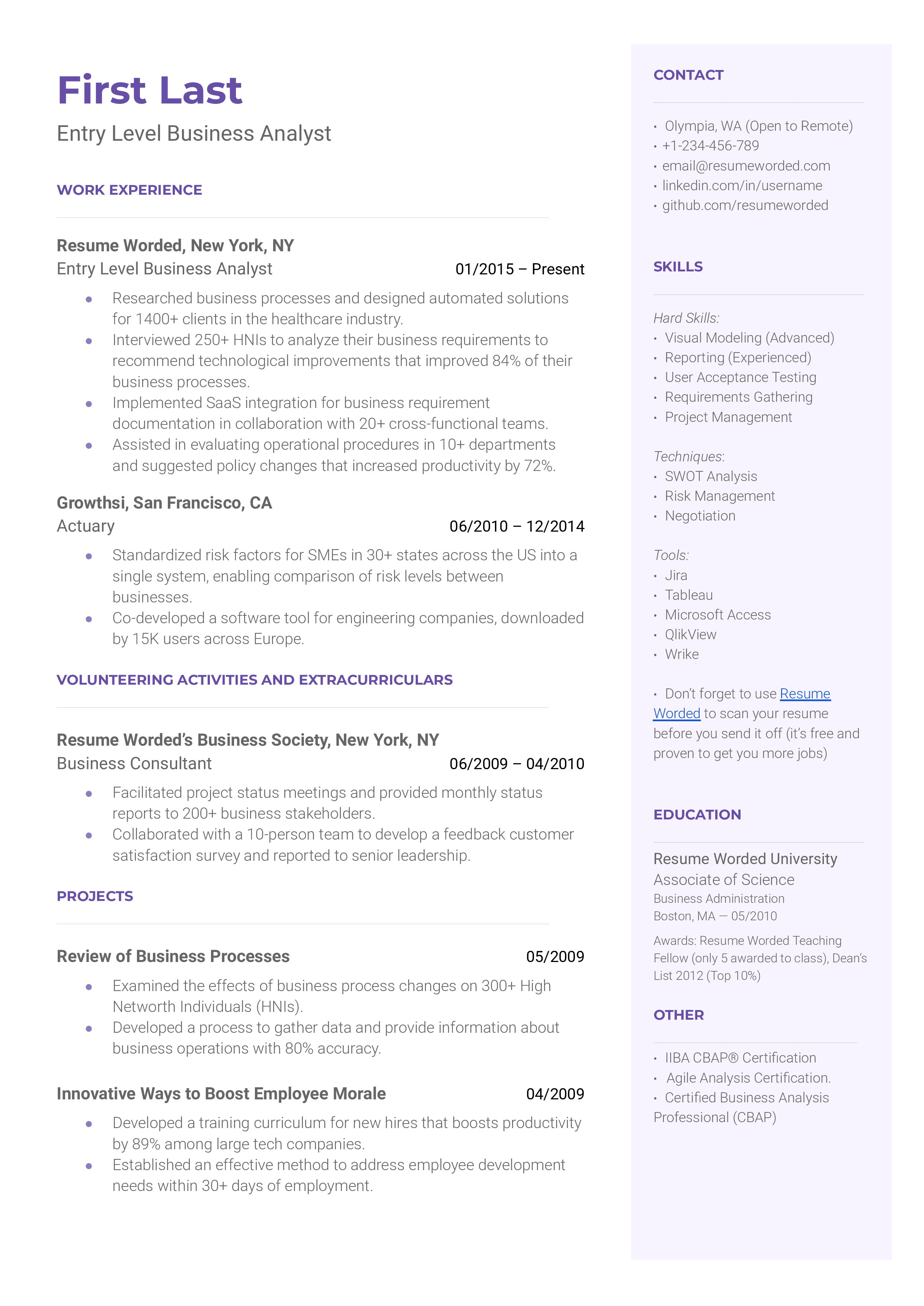 Entry Level Business Analyst Resume Sample
