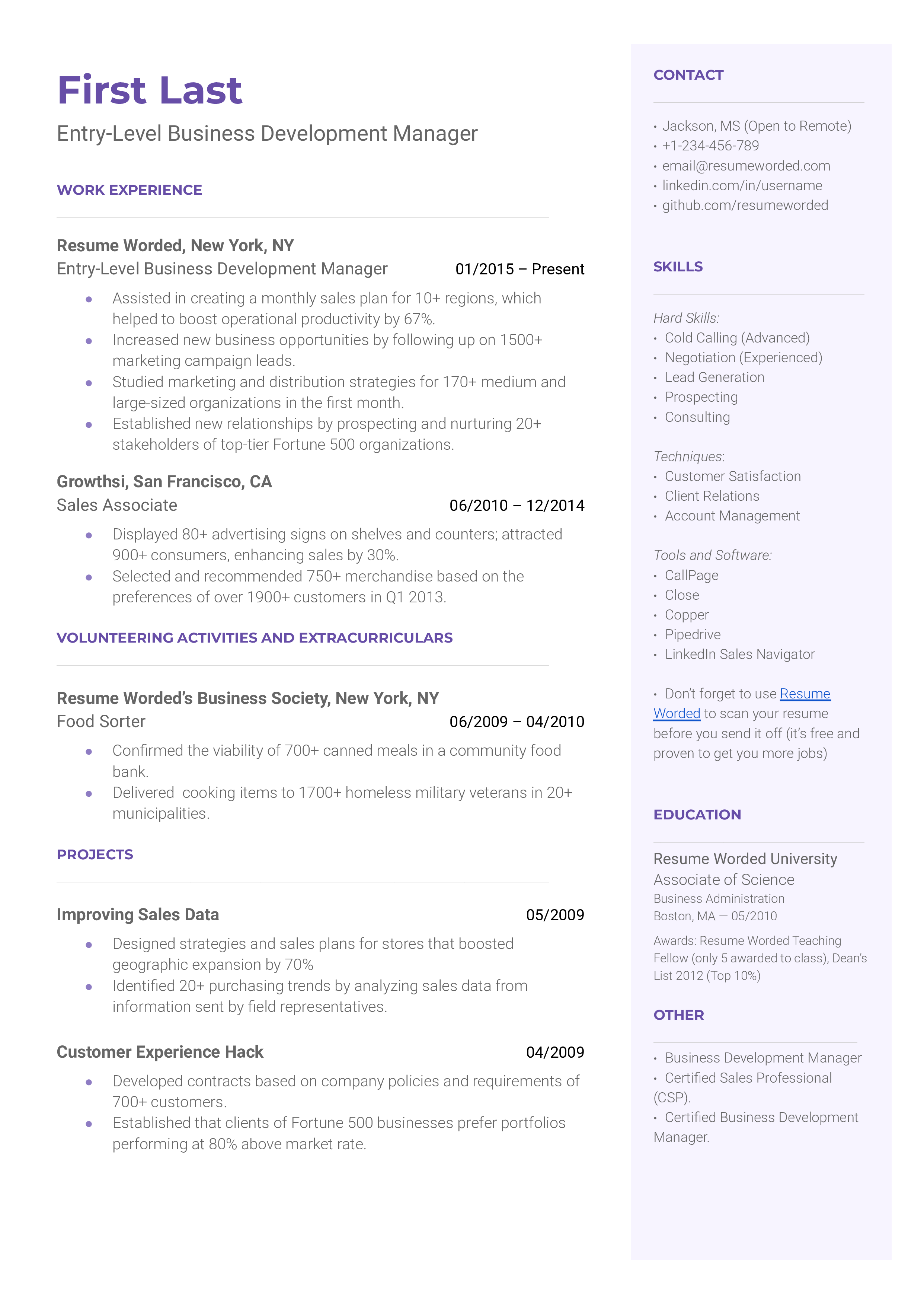 Entry Level Business Development Manager Resume Sample