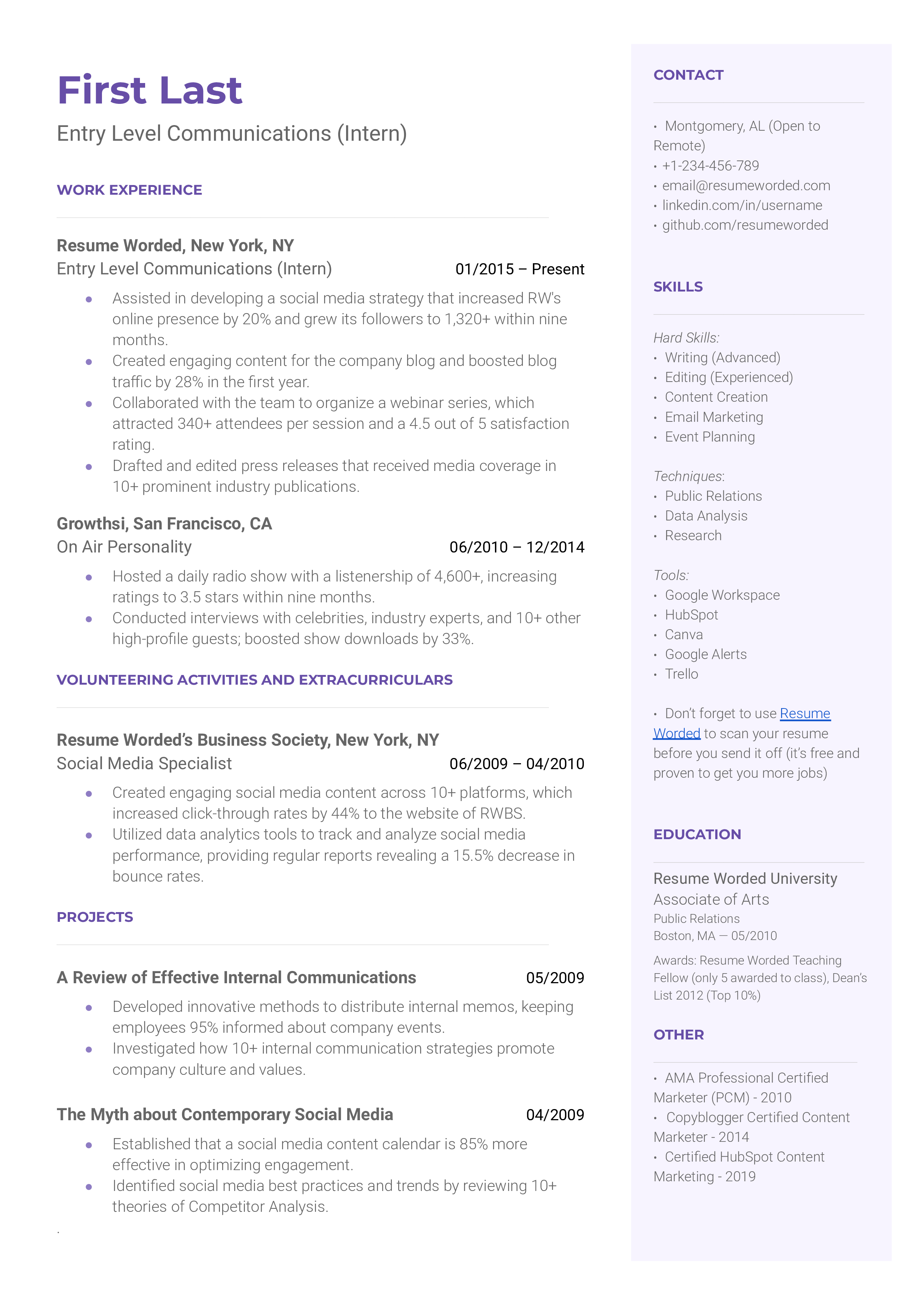 Entry Level Communications Resume Sample