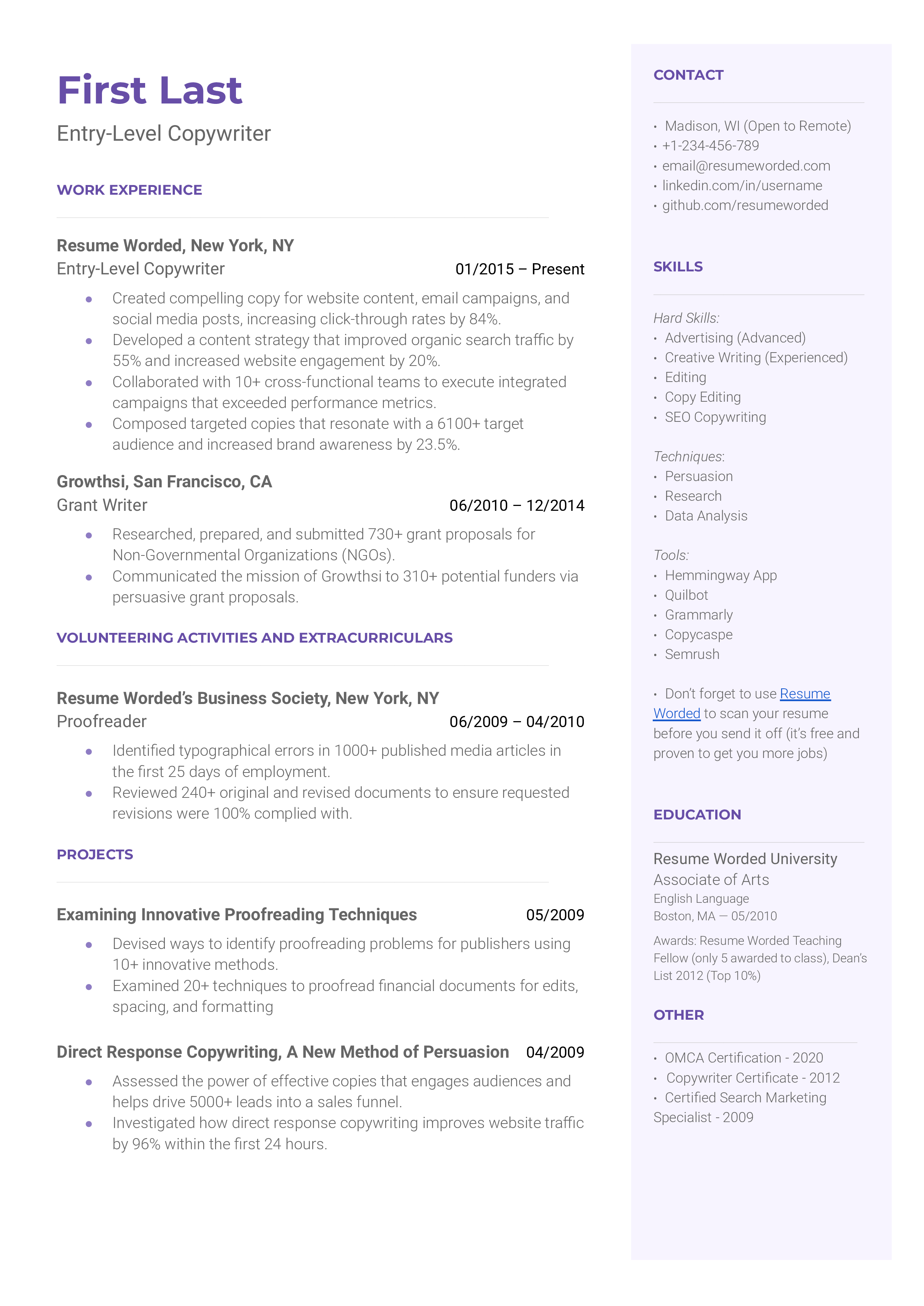 Entry-Level Copywriter Resume Sample