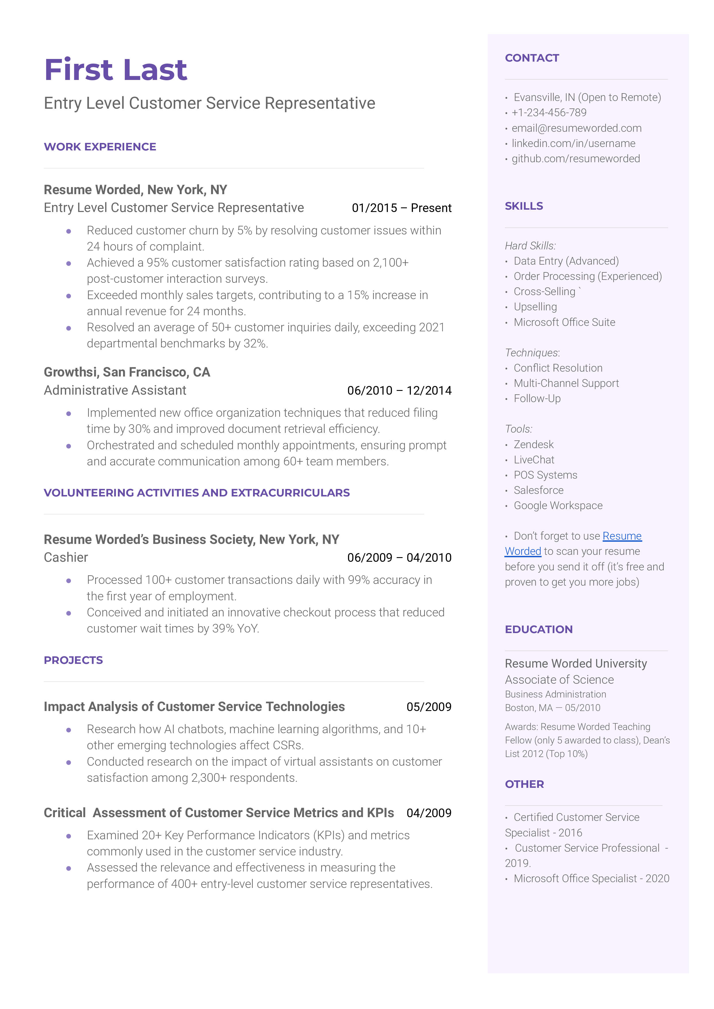 Entry Level Customer Service Representative Resume Sample