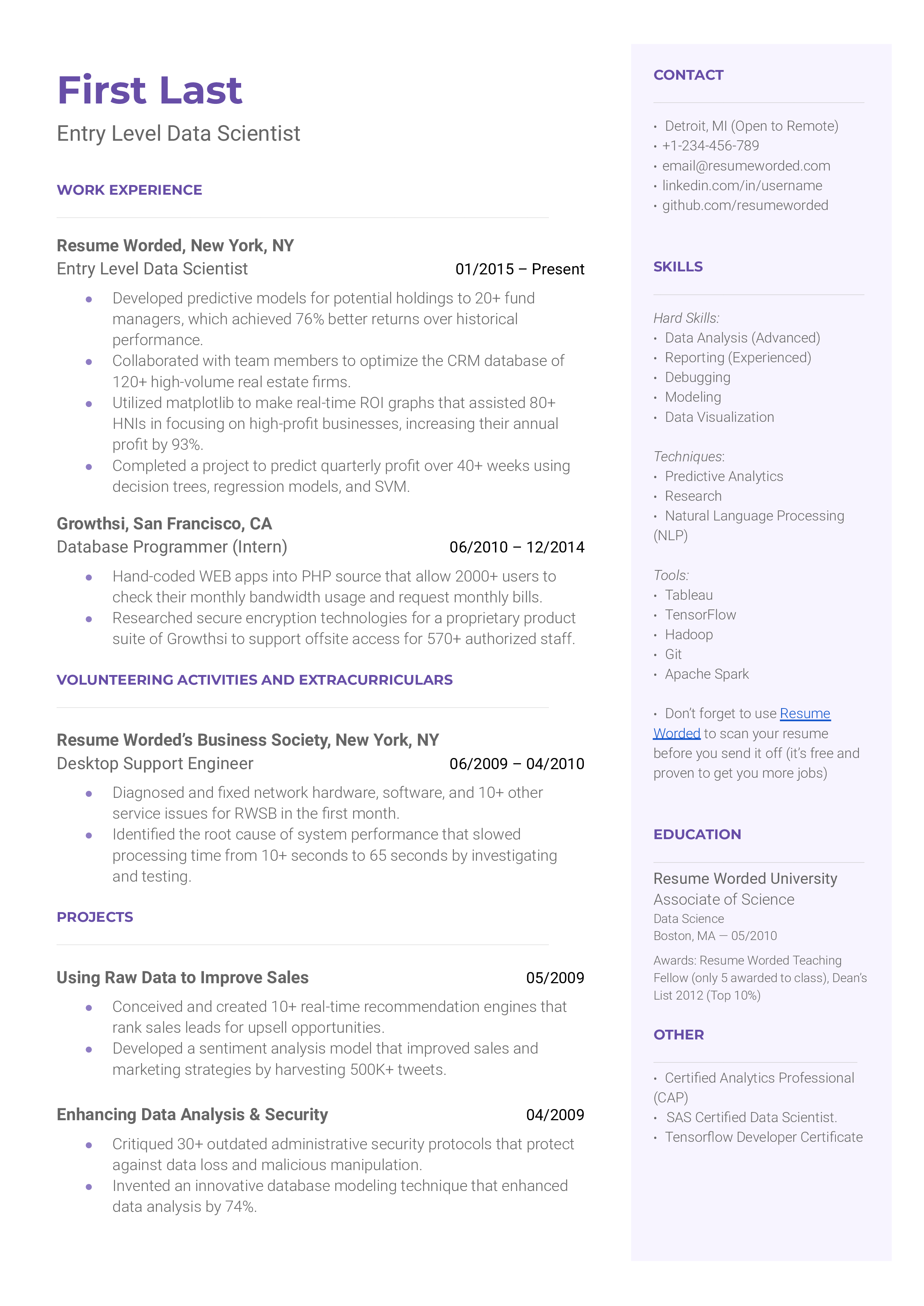 Entry Level Data Scientist Resume Sample