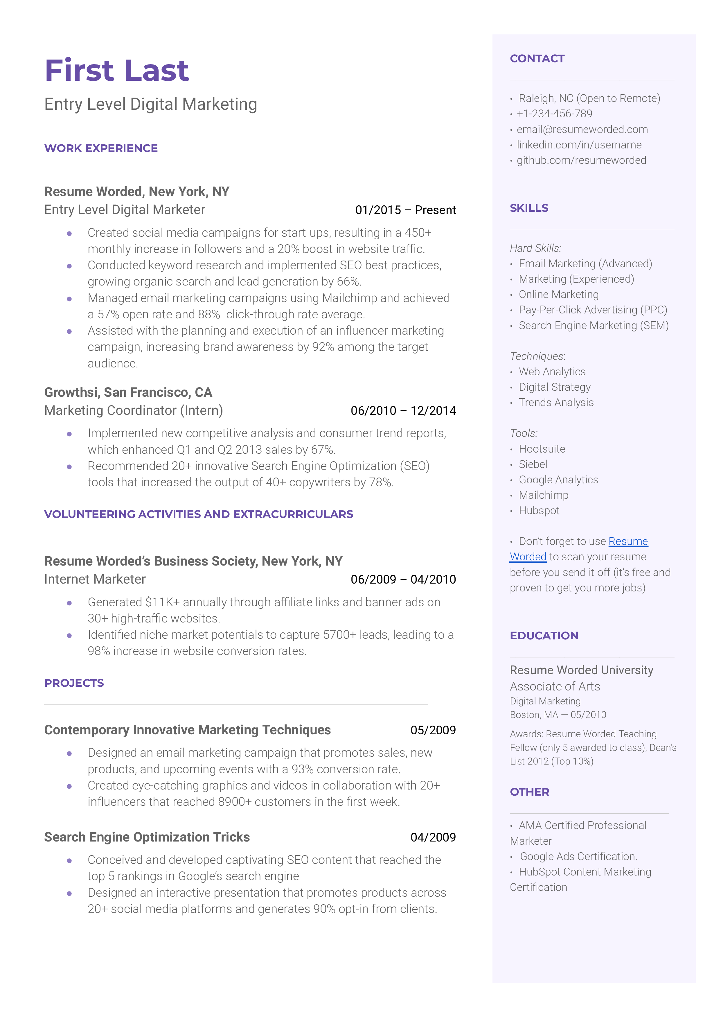 Entry Level Digital Marketing Resume Sample