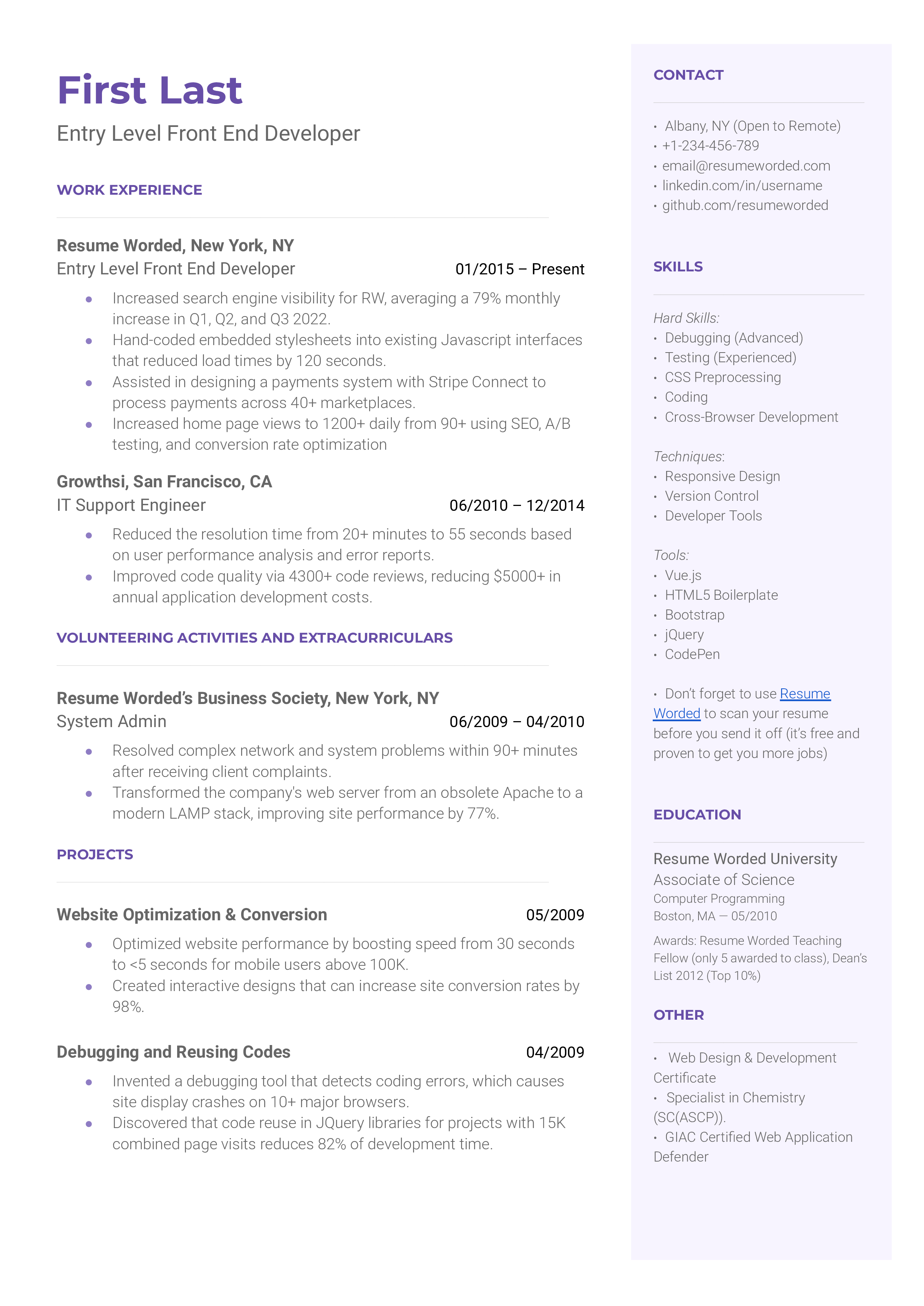 Entry Level Front End Developer Resume Sample