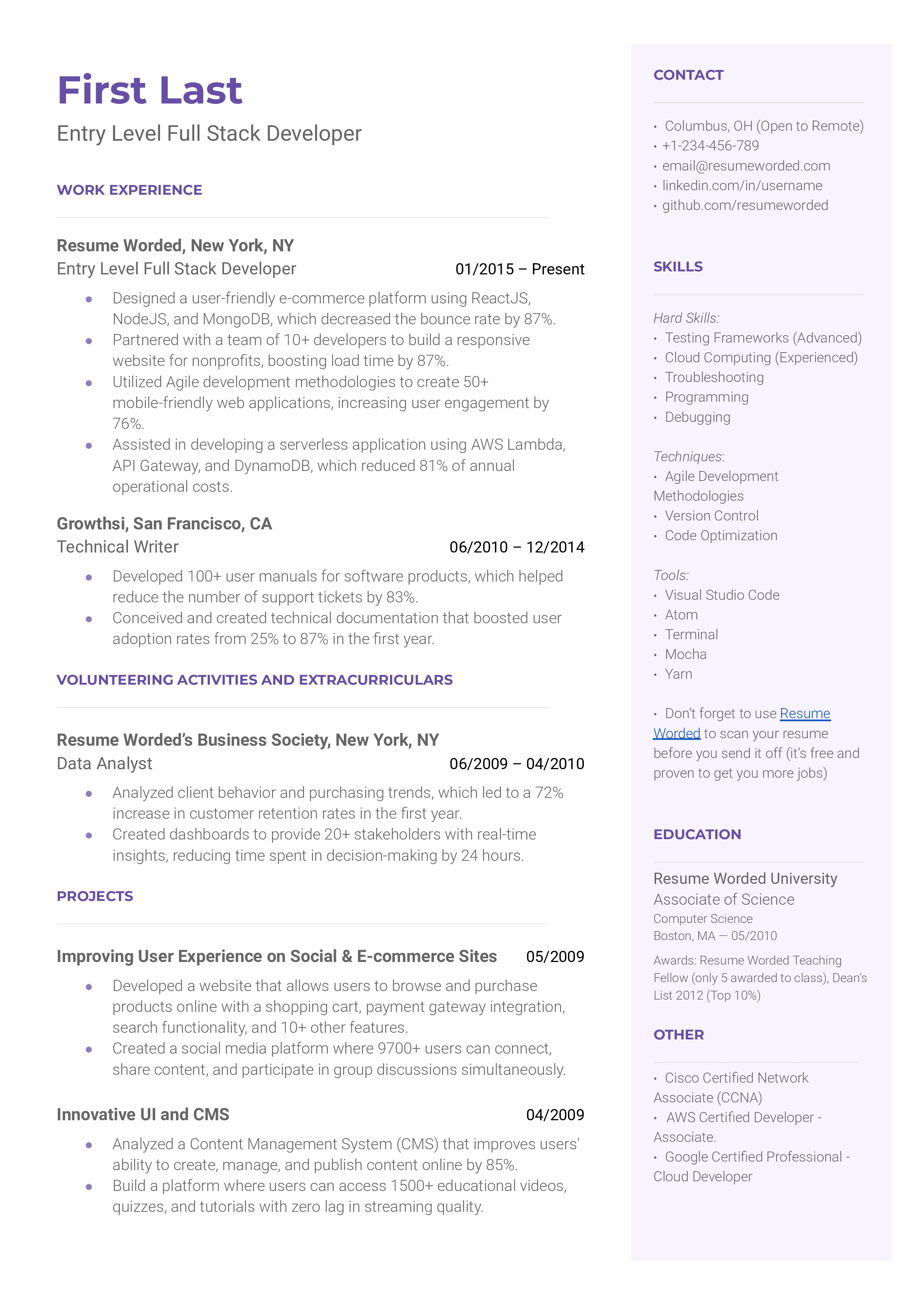 Entry Level Full Stack Developer Resume Sample