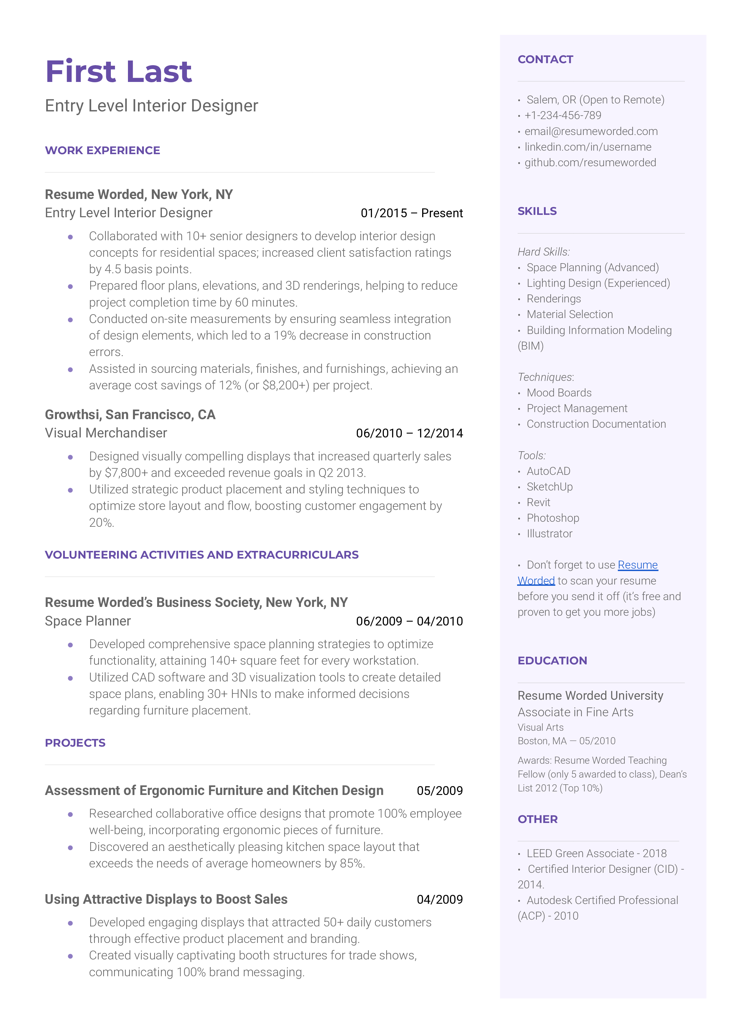Entry Level Interior Designer Resume Sample