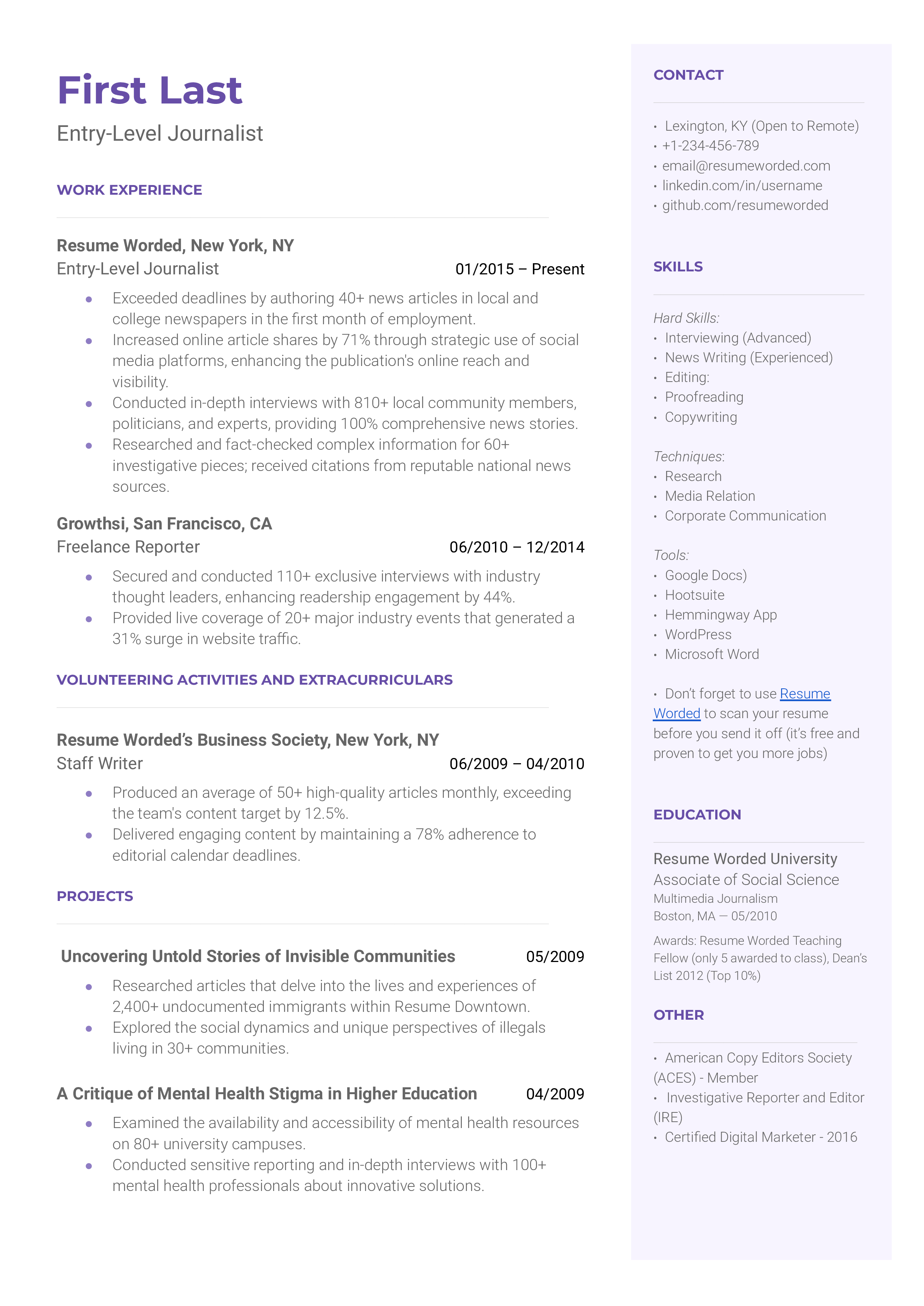 Entry-Level Journalist Resume Sample