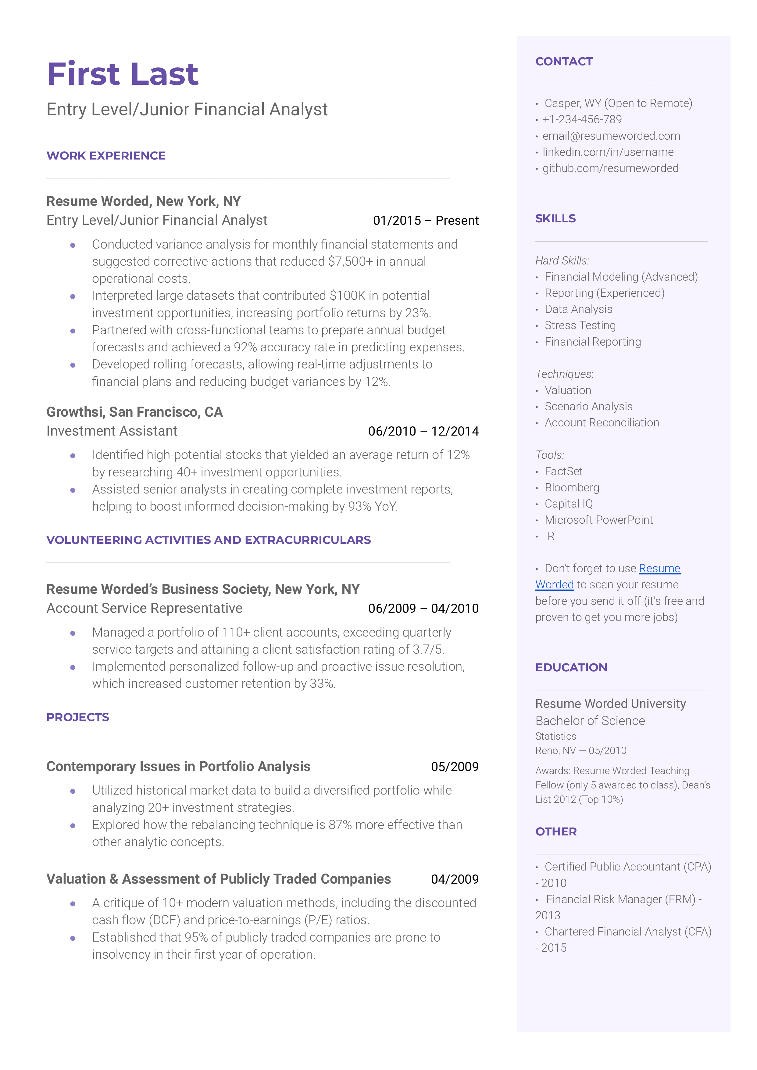 Entry Level/Junior Financial Analyst Resume Sample