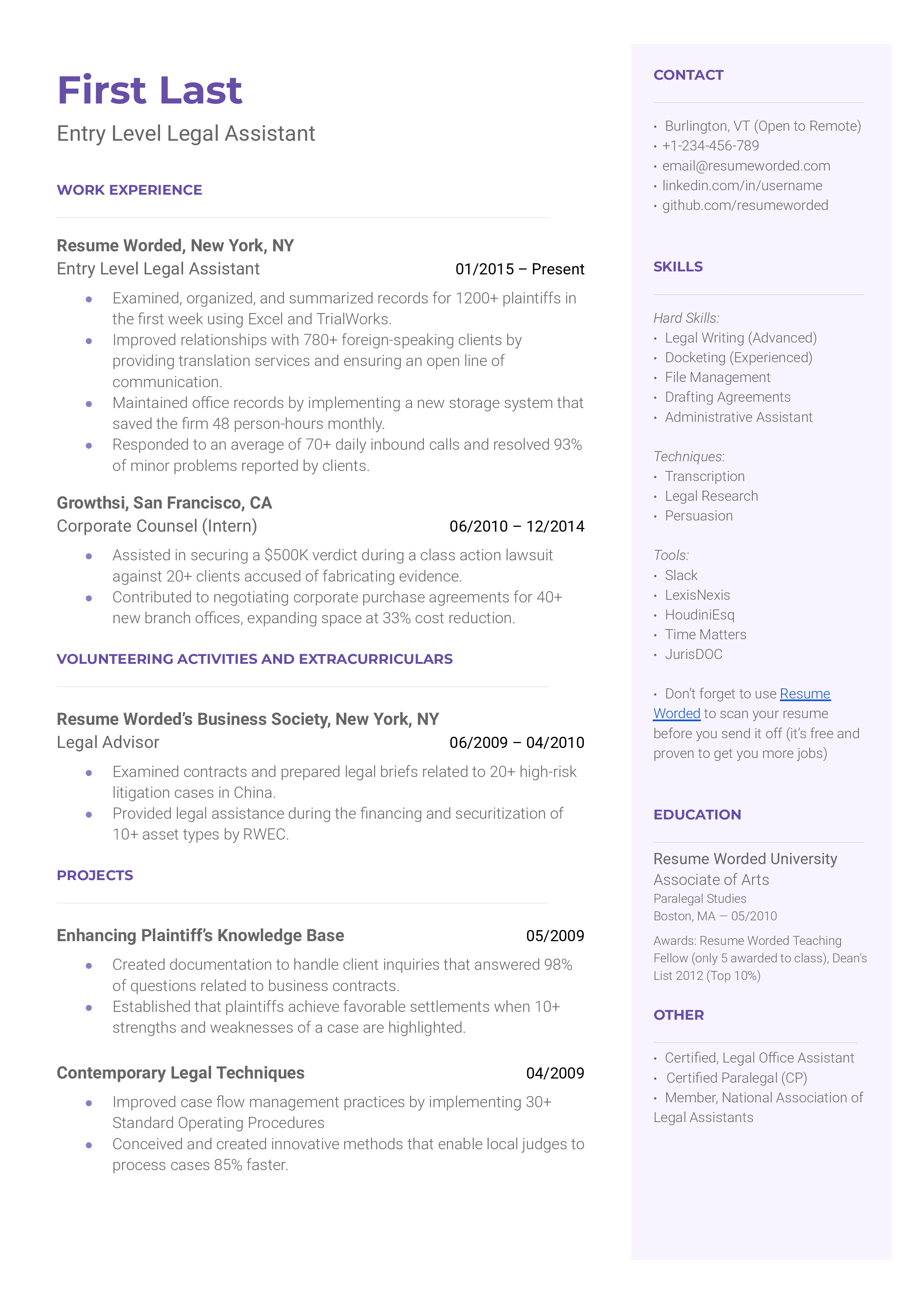 Entry Level Legal Assistant Resume Sample