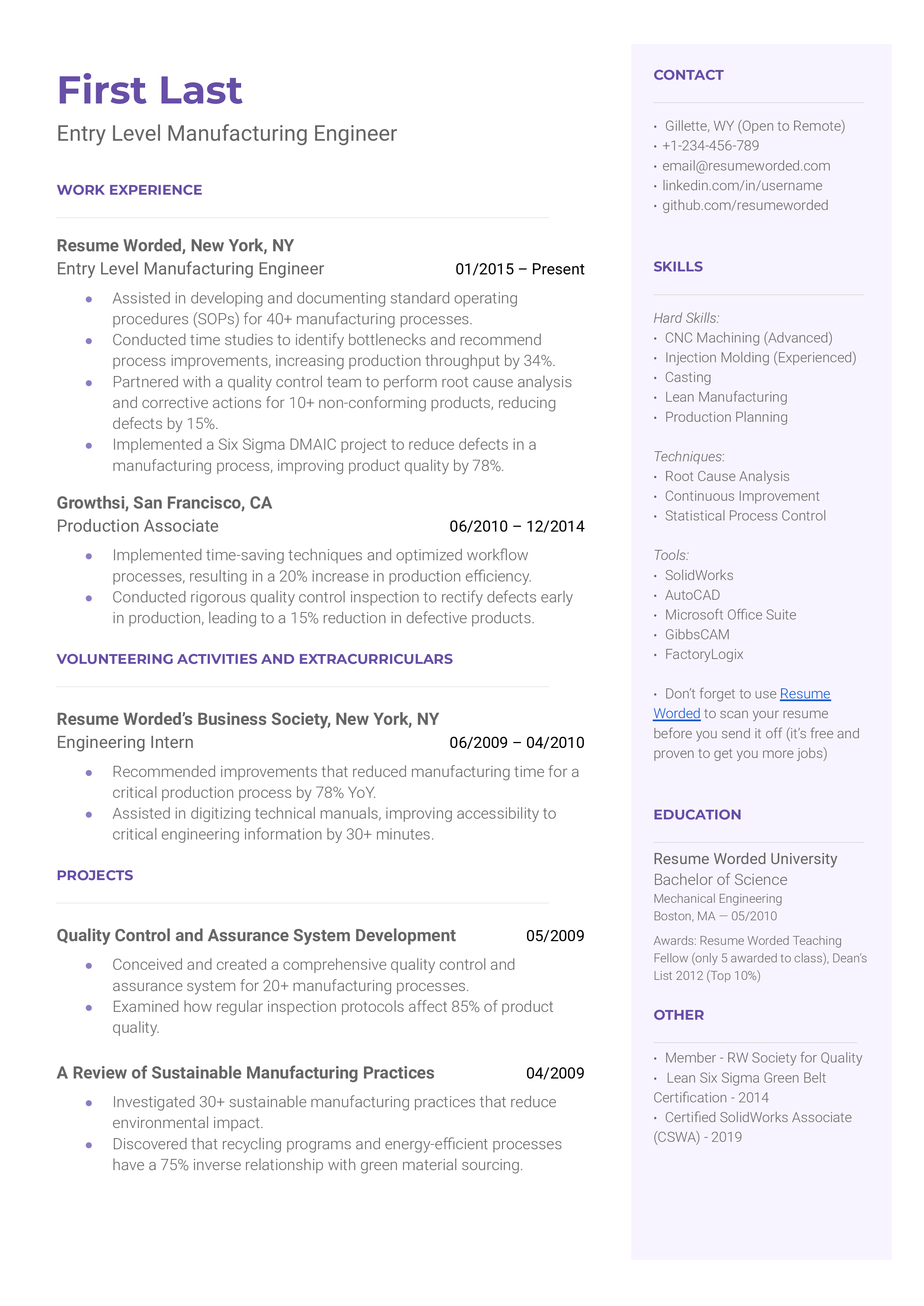 Entry Level Manufacturing Engineer Resume Sample